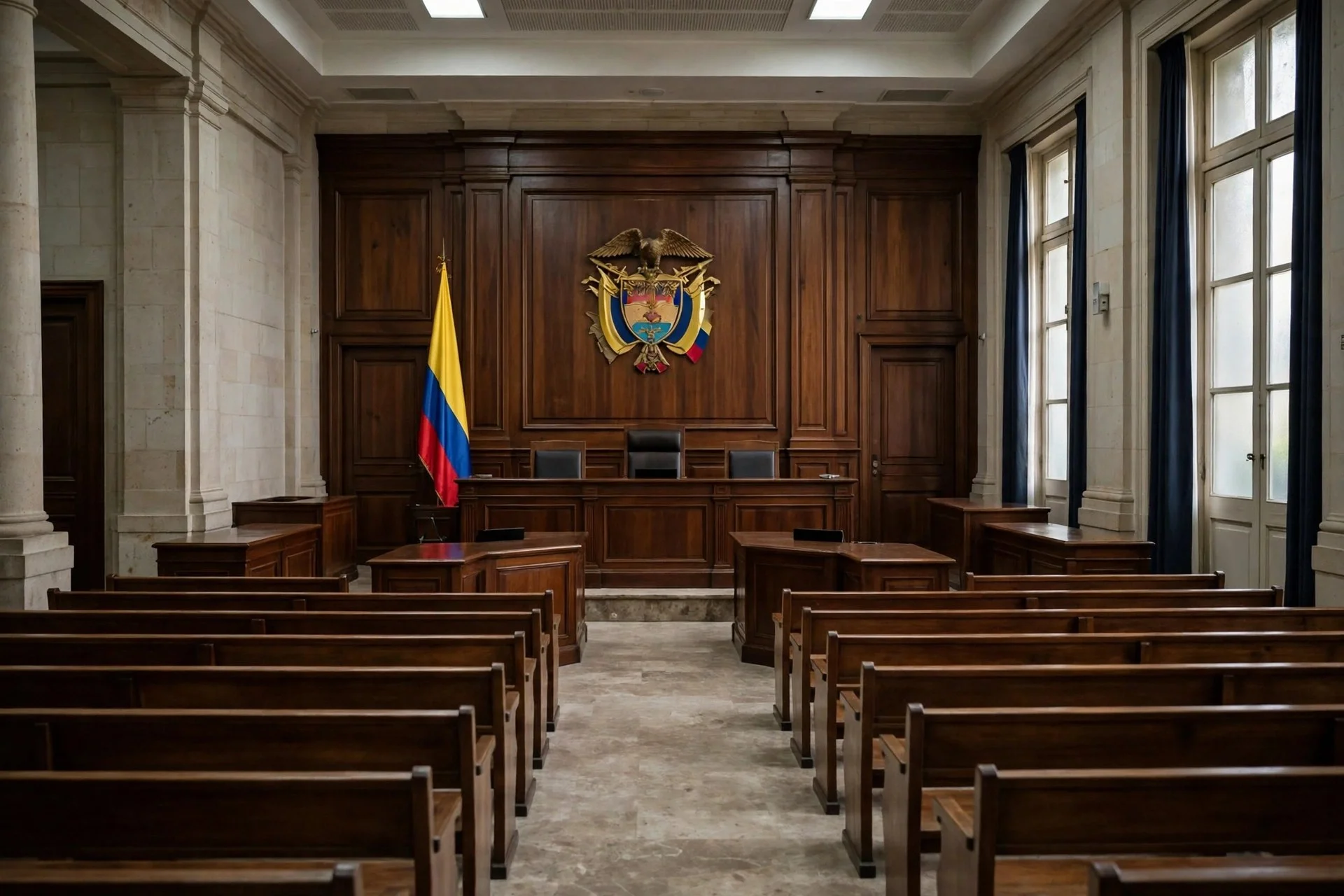 Sala de audiencias judiciales vacía con estrado de madera, bandera de Colombia y bancas sin ocupantes