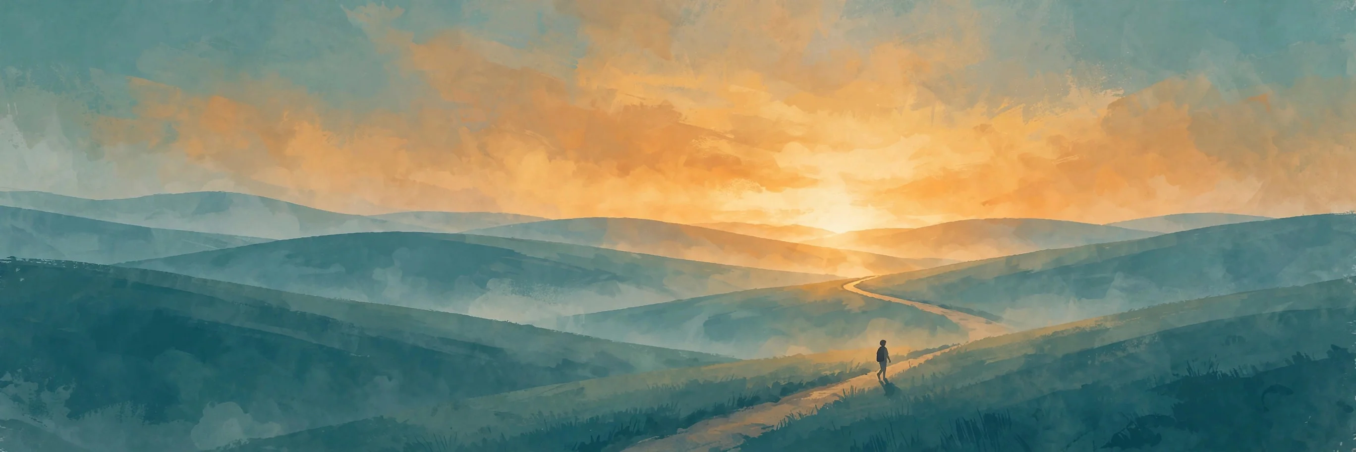 Ilustración editorial abstracta: amanecer sobre colinas suaves con una figura solitaria caminando hacia la luz