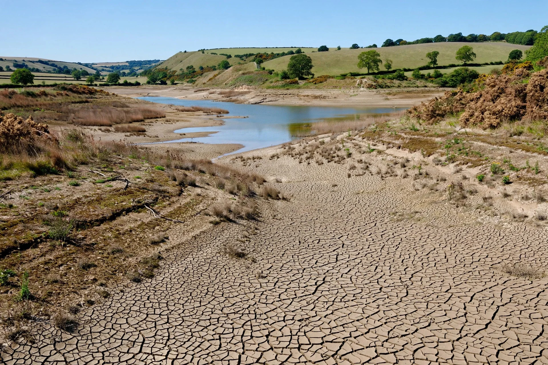 Embalse con nivel de agua muy bajo y orillas de tierra agrietada bajo un cielo despejado en el sur de Inglaterra.