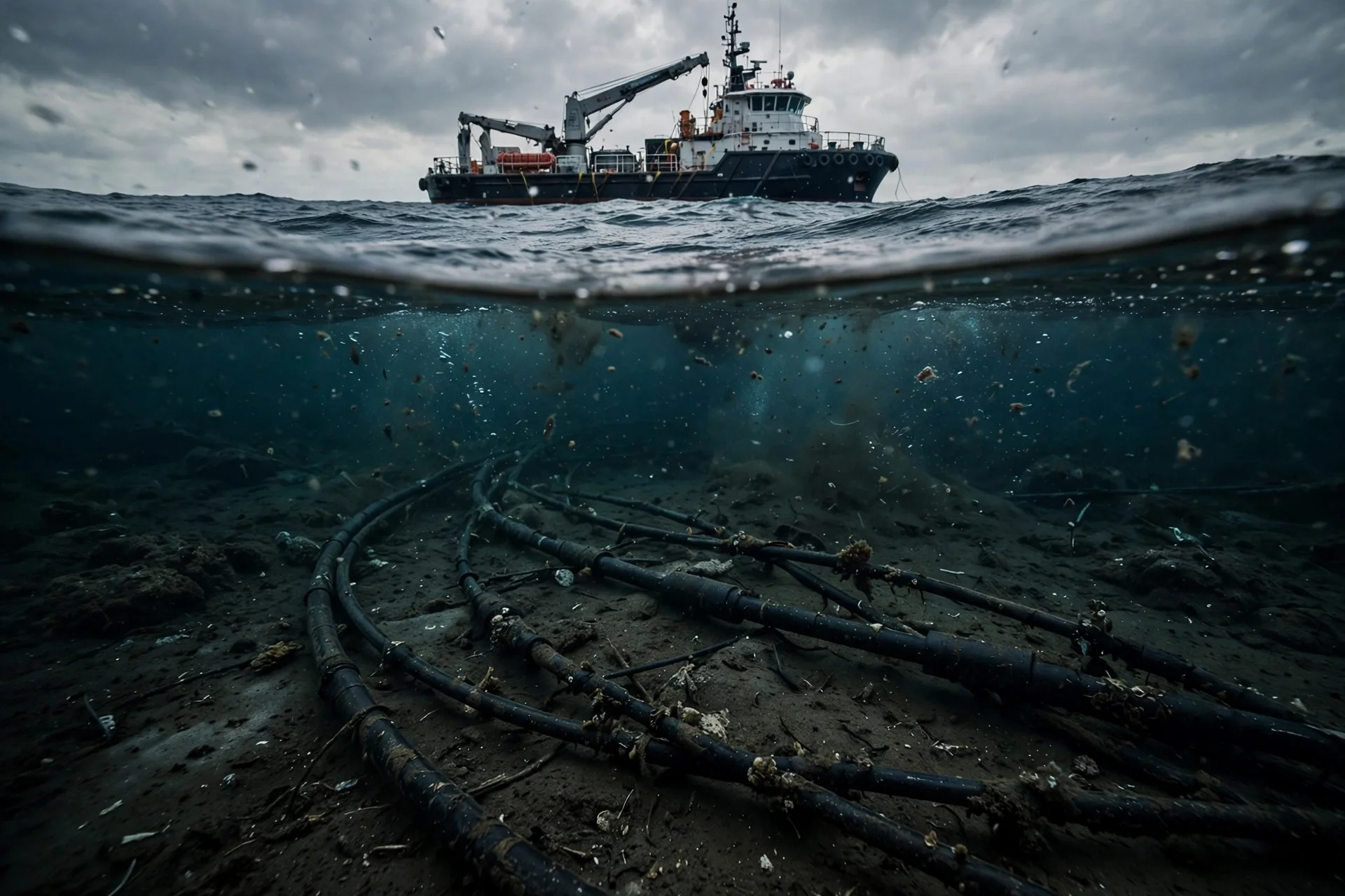 Cables submarinos de fibra óptica sobre el fondo oscuro del golfo Pérsico con un buque de mantenimiento en la superficie