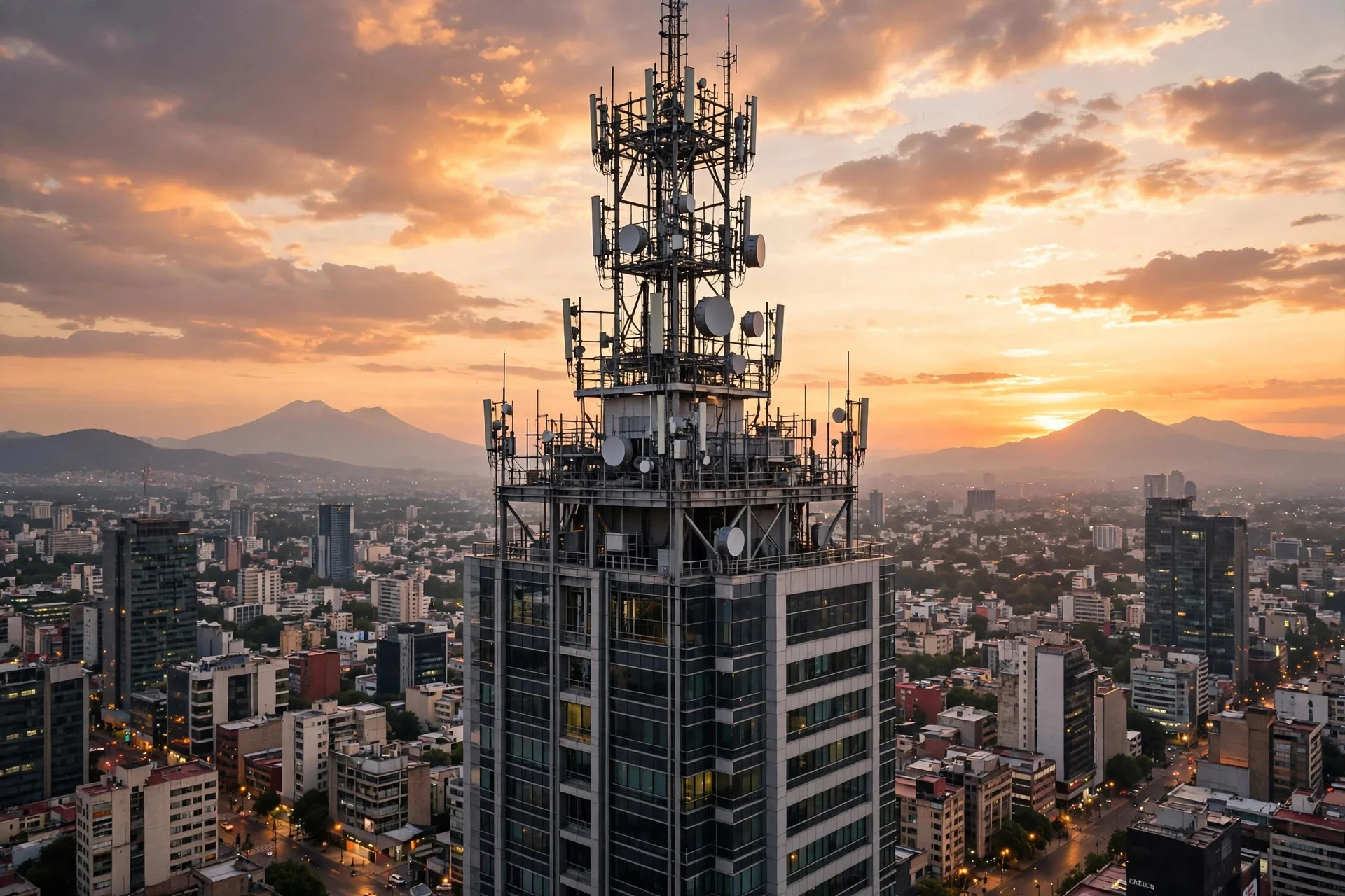 Torre de telecomunicaciones con antenas sobre rascacielos en Ciudad de México al atardecer