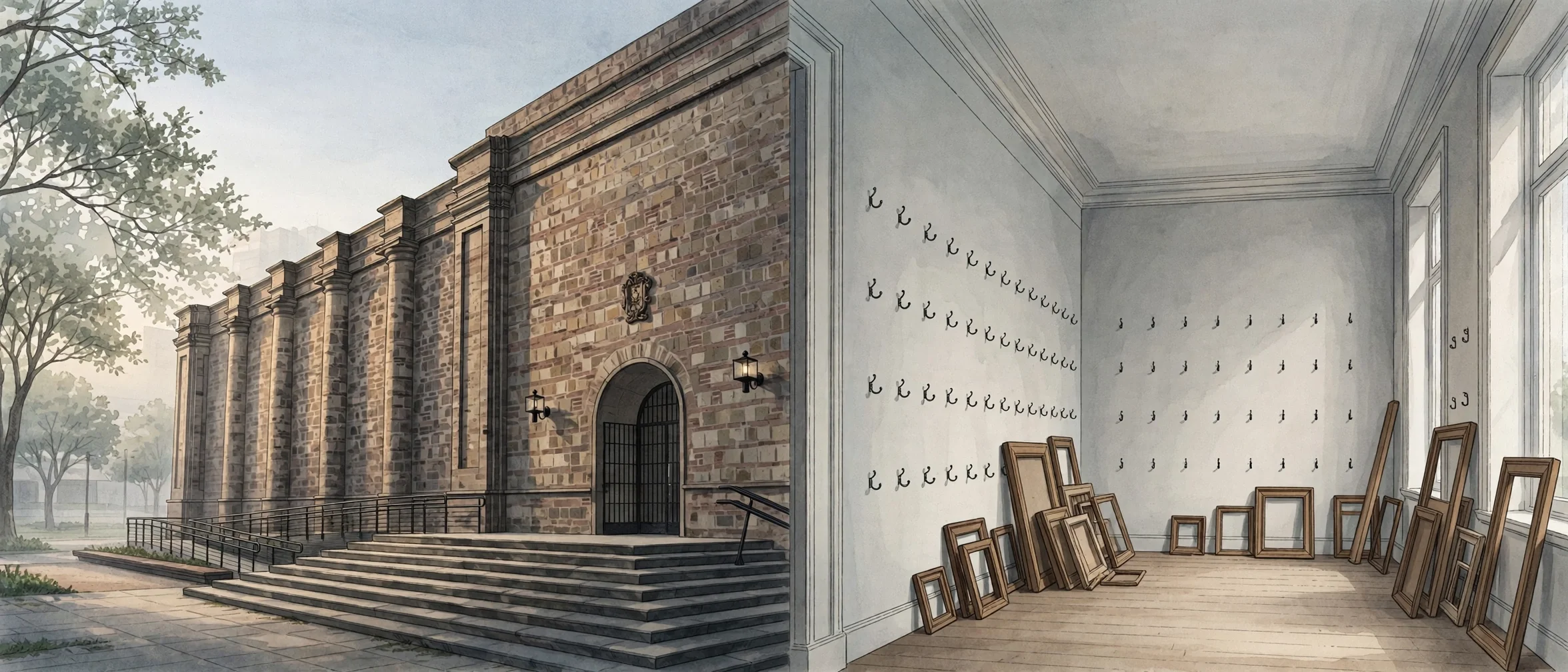 Ilustración dividida: a la izquierda, la fachada de piedra de un museo nacional; a la derecha, una sala vacía con ganchos sin cuadros y marcos vacíos apoyados en la pared.