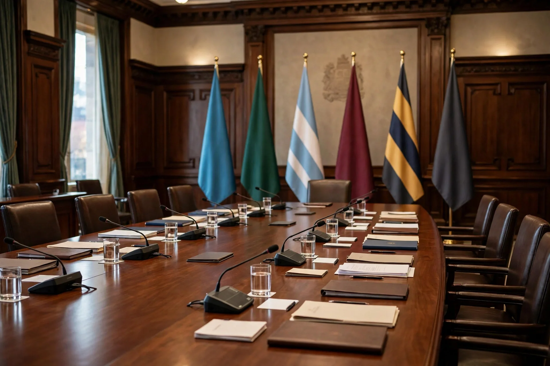 Mesa diplomática internacional en una cancillería, con banderas genéricas sin texto y documentos sobre la mesa