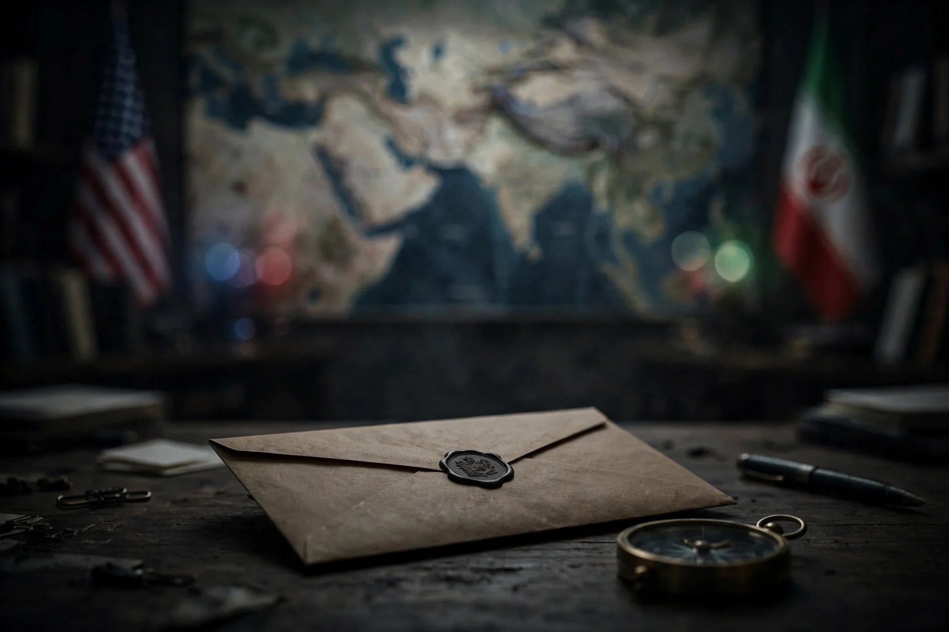 Sobre sellado sobre un escritorio oscuro con un mapa de Oriente Medio desenfocado al fondo y banderas a los lados