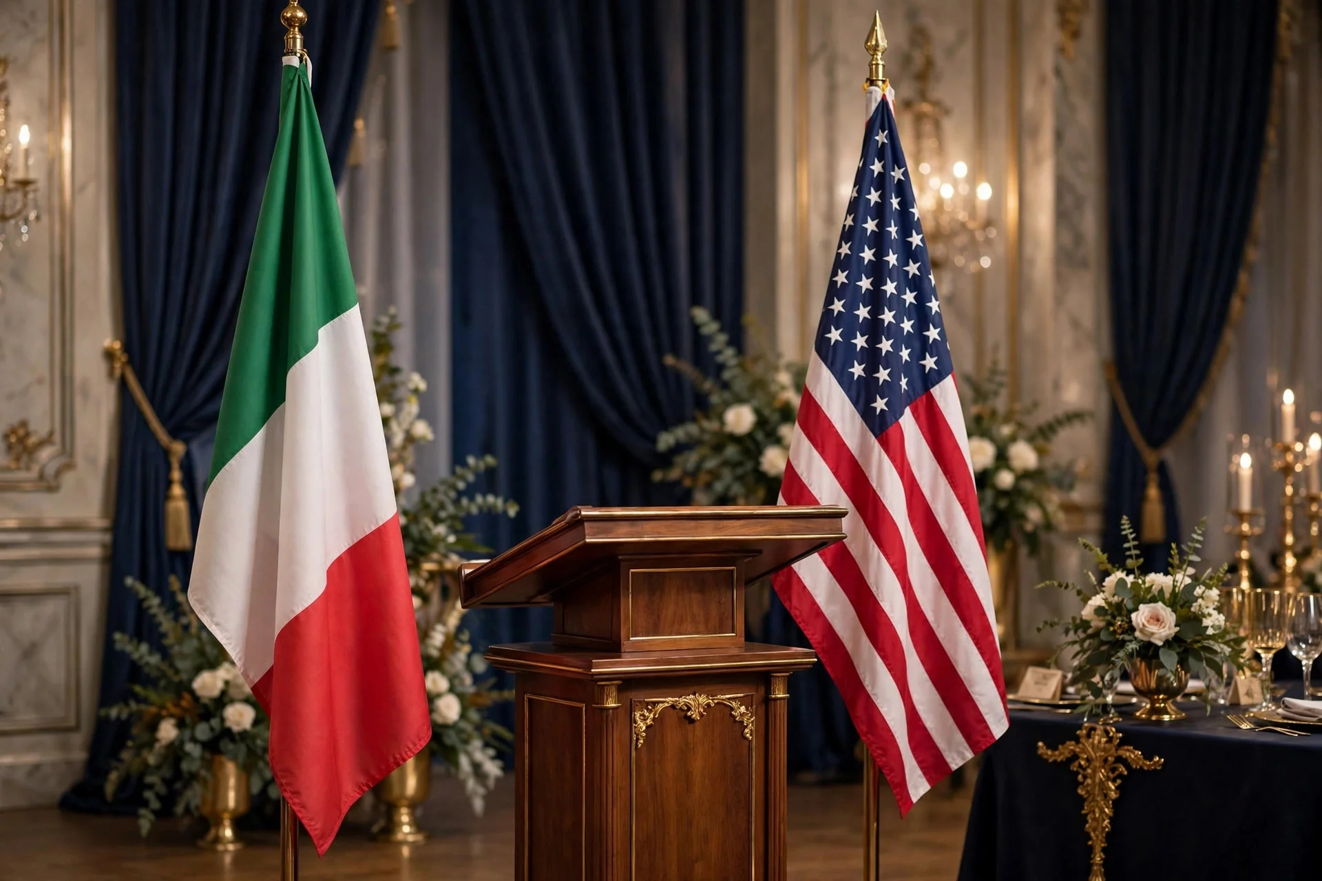 Banderas de Italia y de Estados Unidos flanqueando un atril de madera en un salón de gala elegante.
