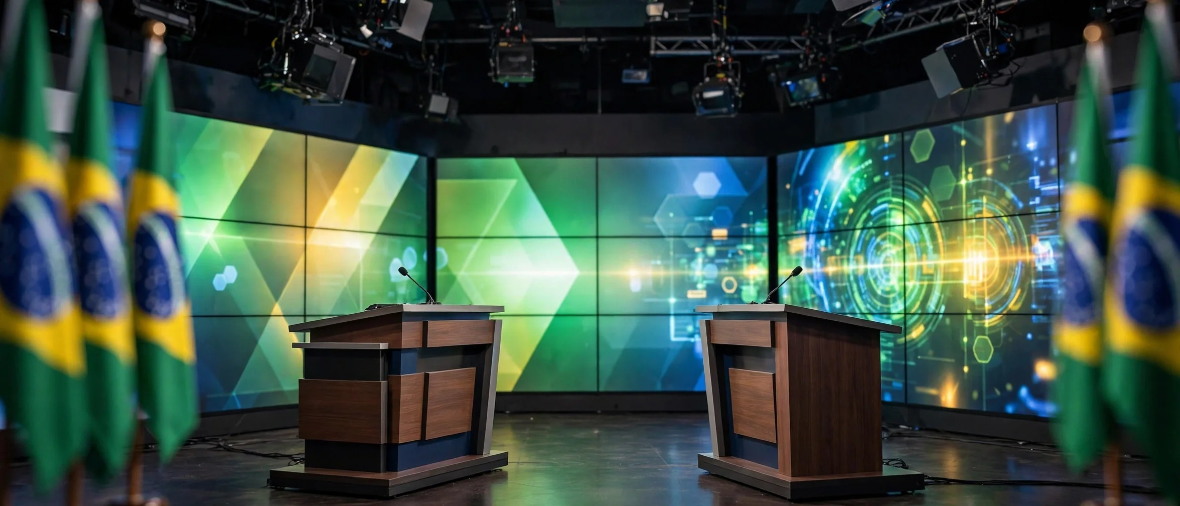 Ilustración de un plató de debate televisivo vacío con dos podios y banderas de Brasil desenfocadas