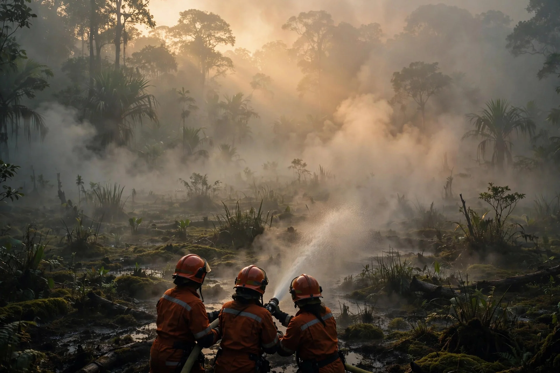 Ilustración: tres bomberas con trajes naranjas apagan con una manguera un incendio de turbera entre la bruma espesa de Borneo al amanecer.