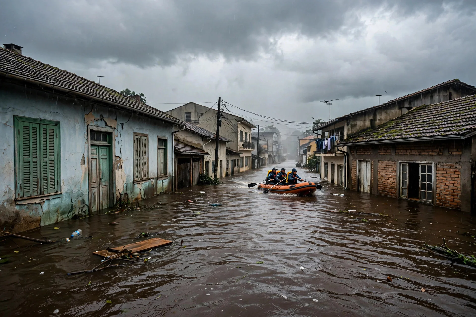 Calle de una ciudad brasileña anegada por inundaciones históricas, con casas parcialmente sumergidas y un bote de rescate