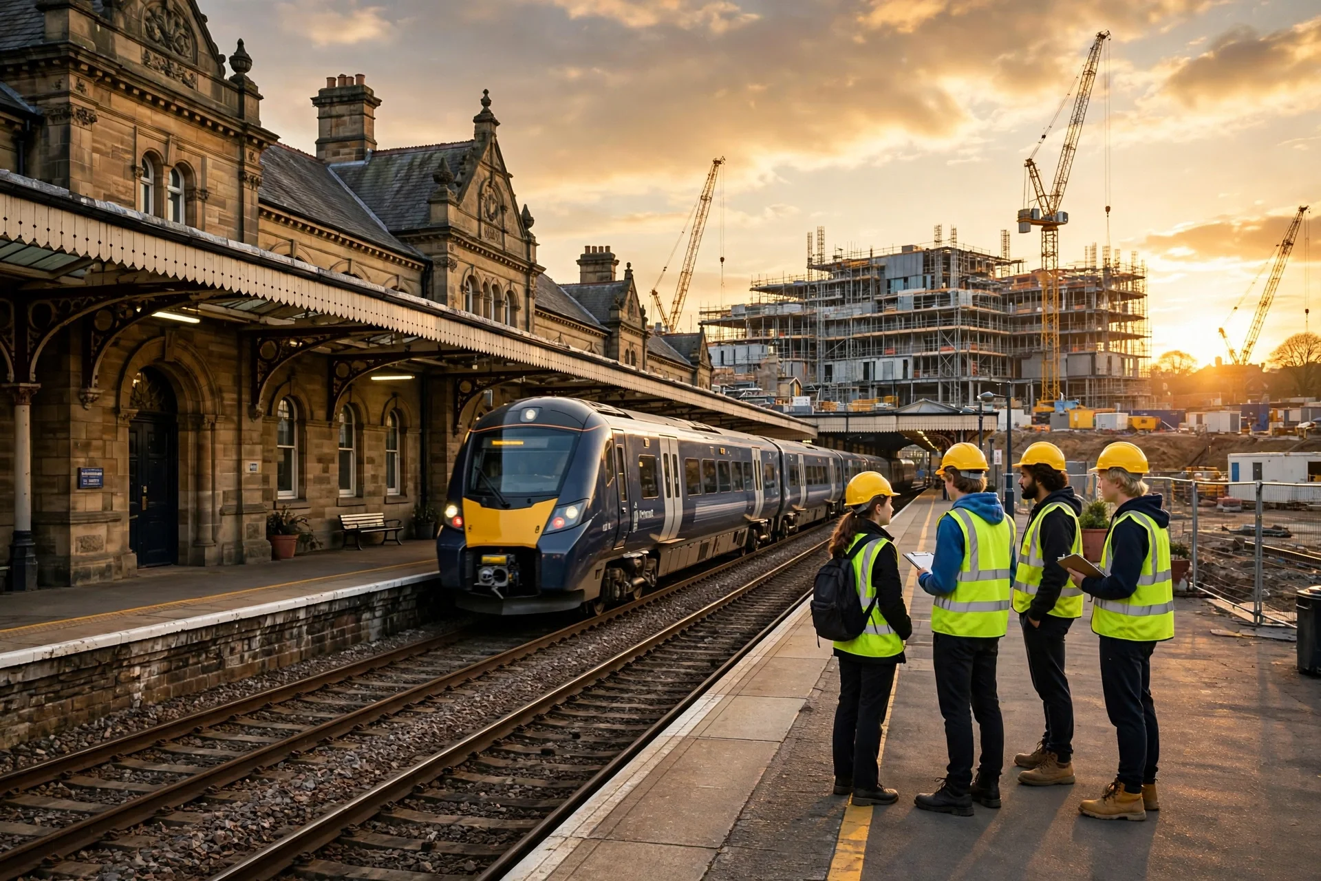 Tren moderno llegando a una estación histórica británica al atardecer, con jóvenes aprendices con chalecos reflectantes en el andén y una obra de construcción al fondo