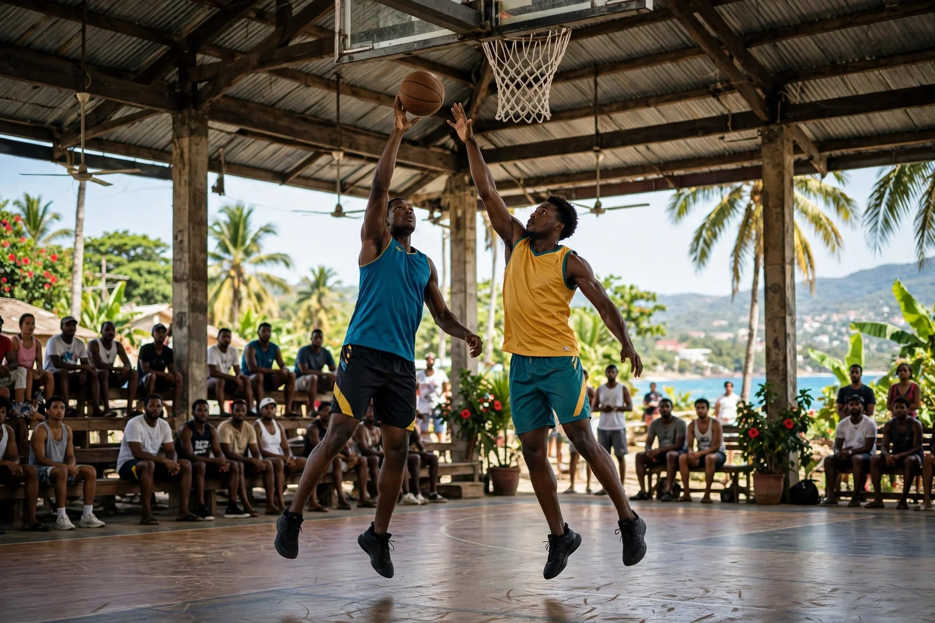 Dos jugadores de baloncesto saltan bajo el aro en una cancha caribeña con público en las gradas
