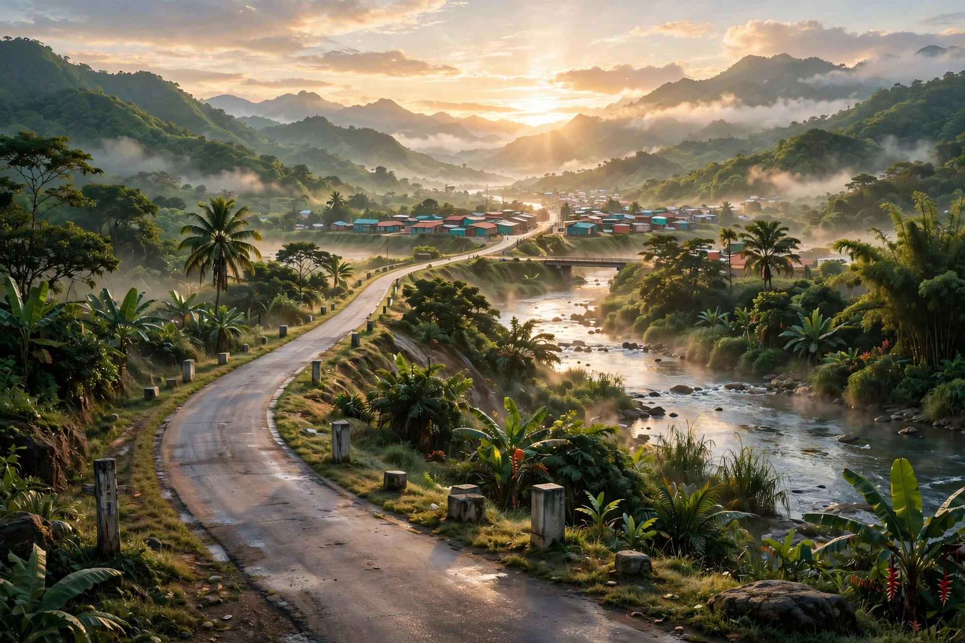 Ilustración de una carretera fronteriza caribeña al amanecer junto a un río, con un pueblo entre montañas verdes