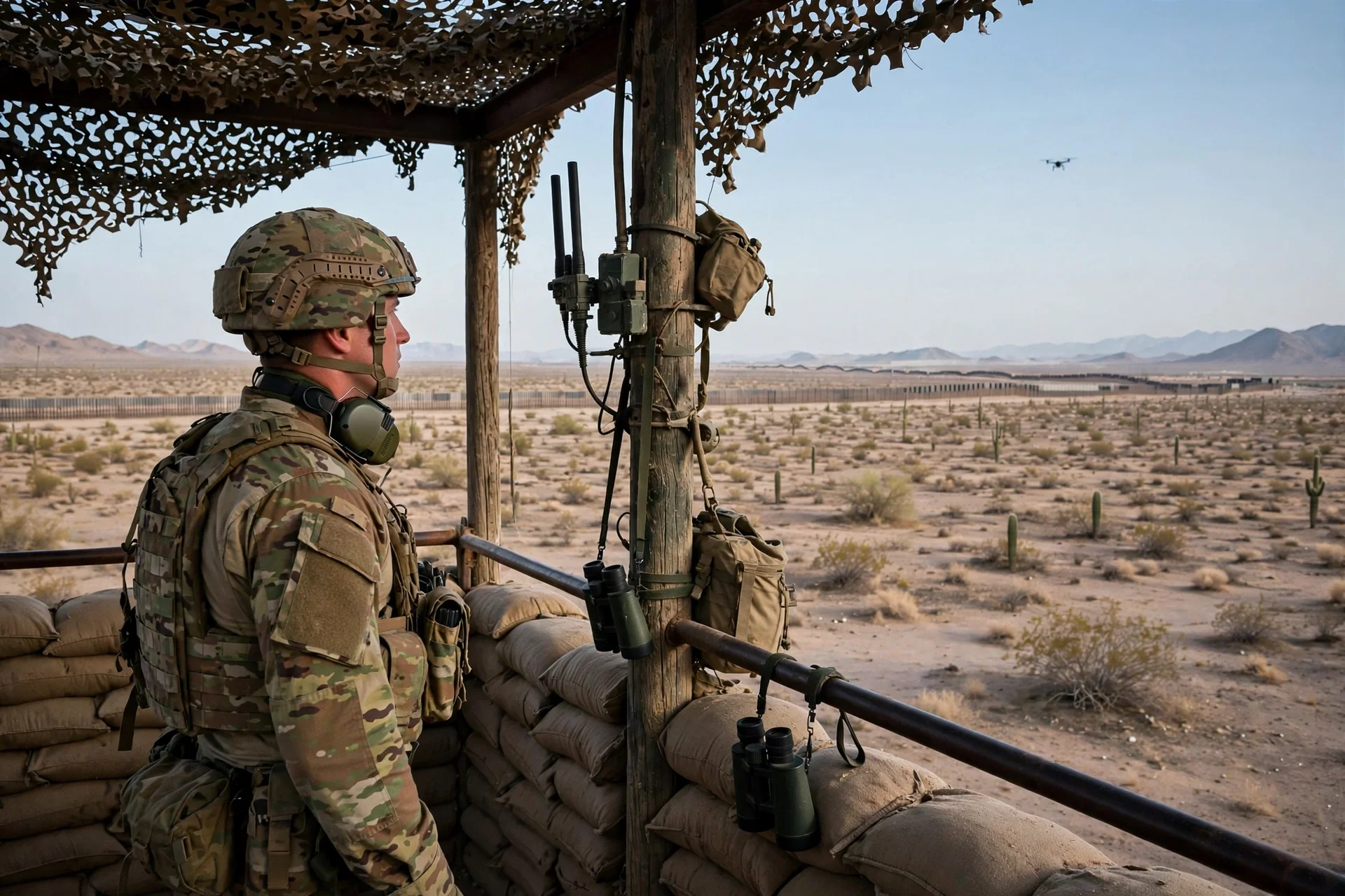Soldado estadounidense en un puesto de observación junto a la frontera con México, con un dron pequeño visible en el cielo del desierto