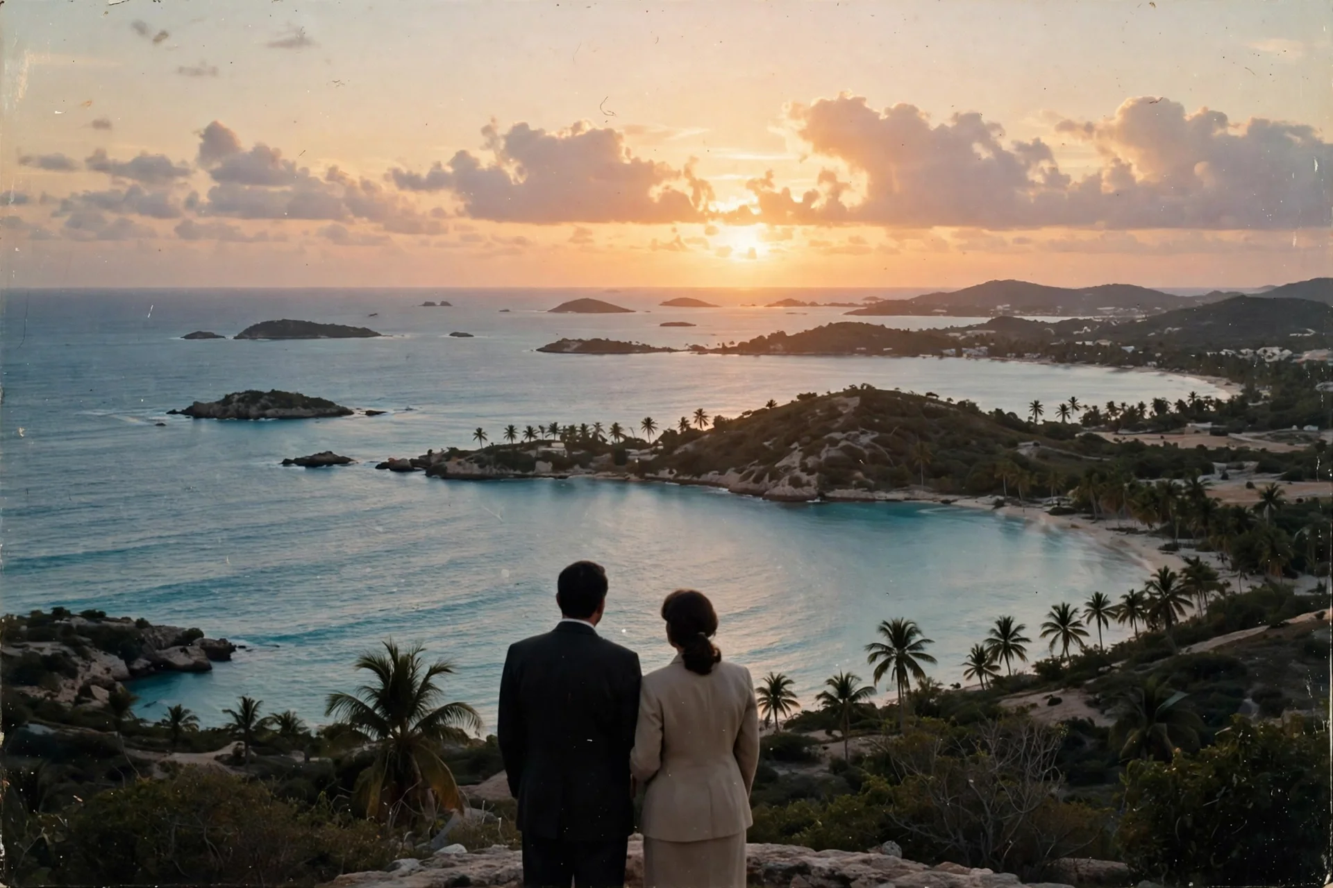 Pareja vista de espaldas frente a una isla caribeña al atardecer, en San Andrés