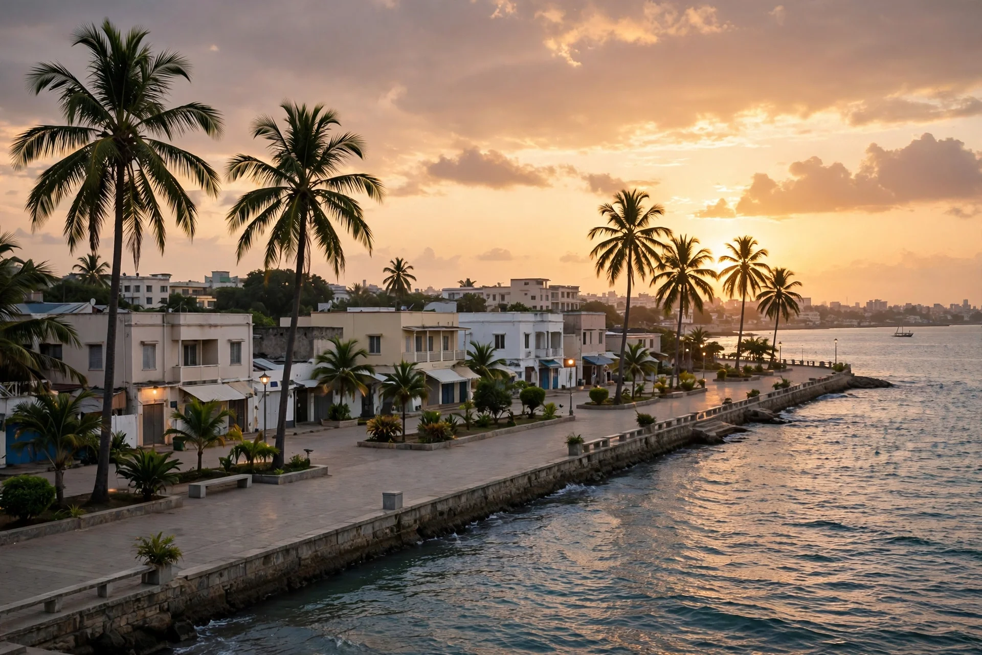 Paseo costero al atardecer con palmeras altas, edificios bajos a la izquierda y el mar a la derecha