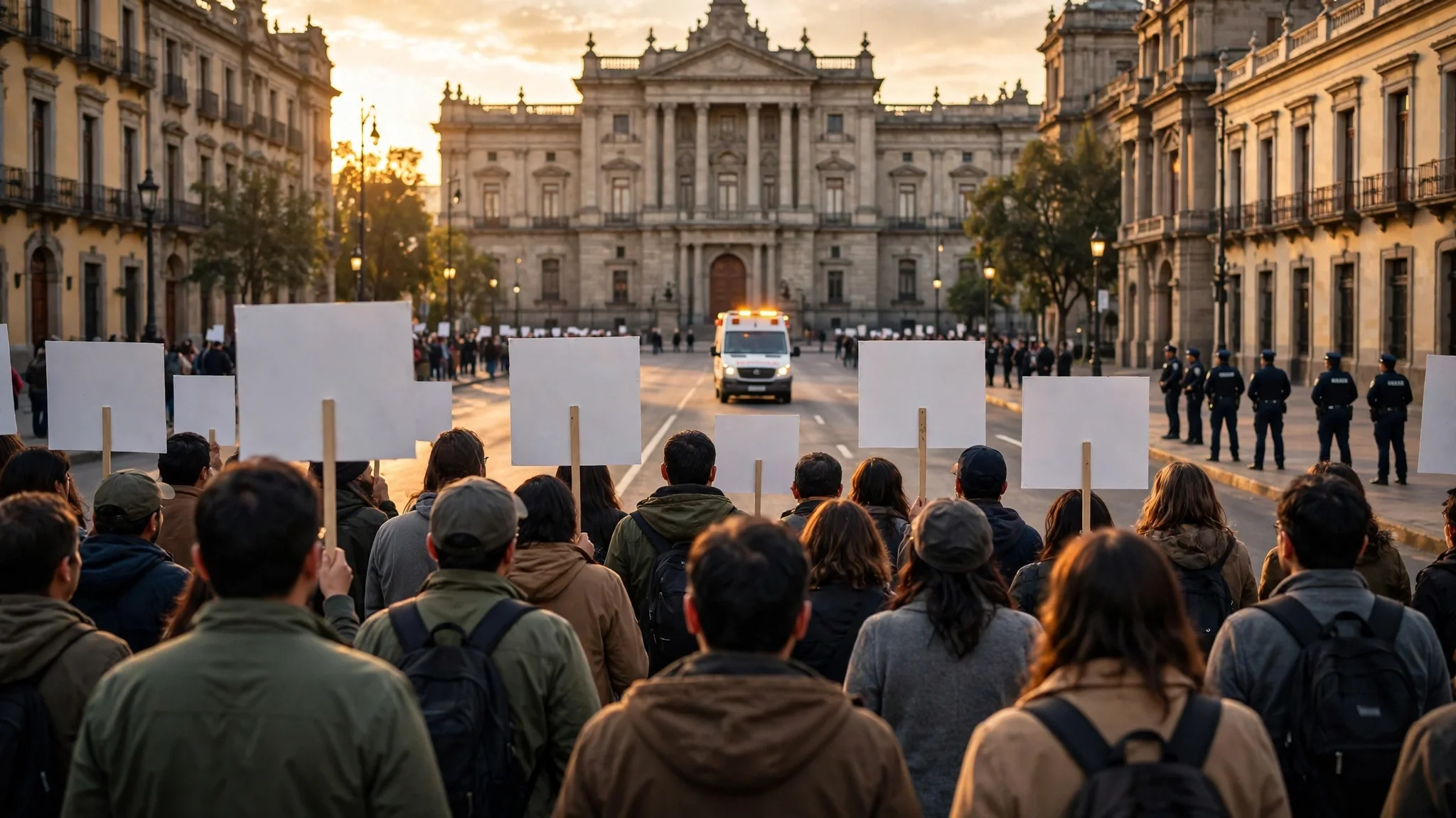 Marcha pacífica vista desde atrás frente a un palacio de gobierno, con un corredor abierto por el que avanza una ambulancia y agentes a un costado