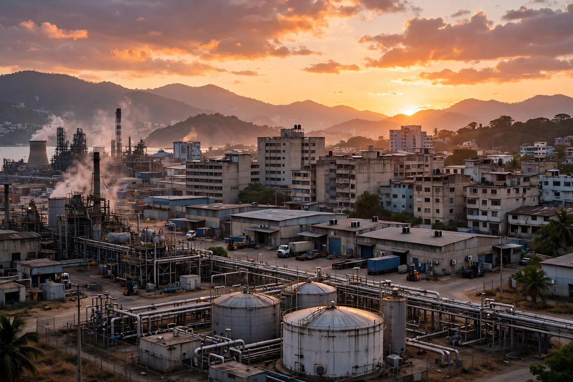 Ilustración de instalaciones industriales y edificios urbanos al atardecer en Venezuela