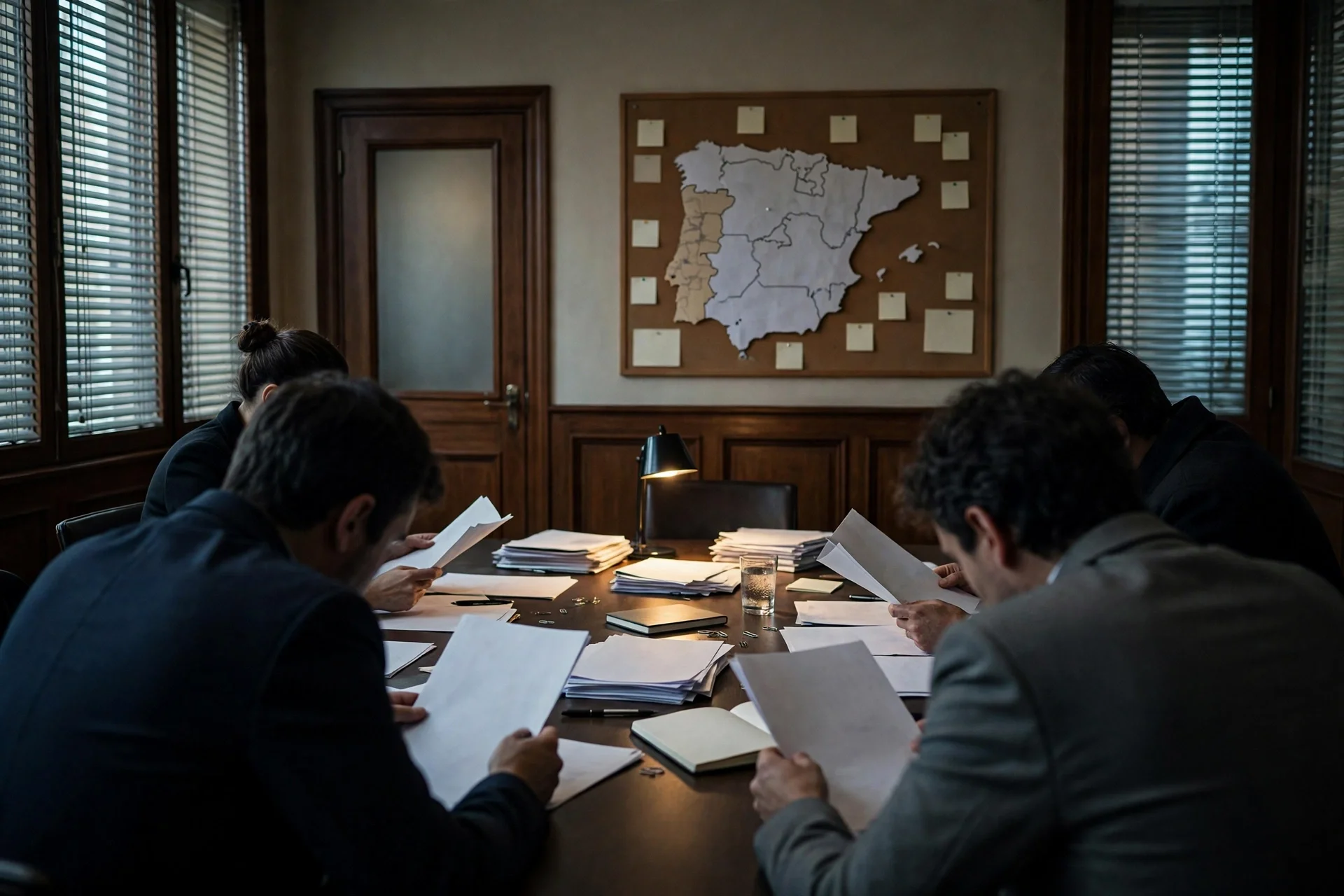 Políticos revisando listas de candidatos en una sala de reuniones.