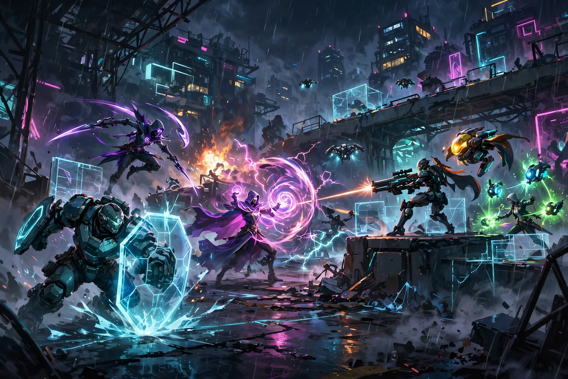 Editorial illustration of a nighttime neon-lit urban arena where stylized hero characters battle with glowing abilities, evoking a MOBA hero-shooter update