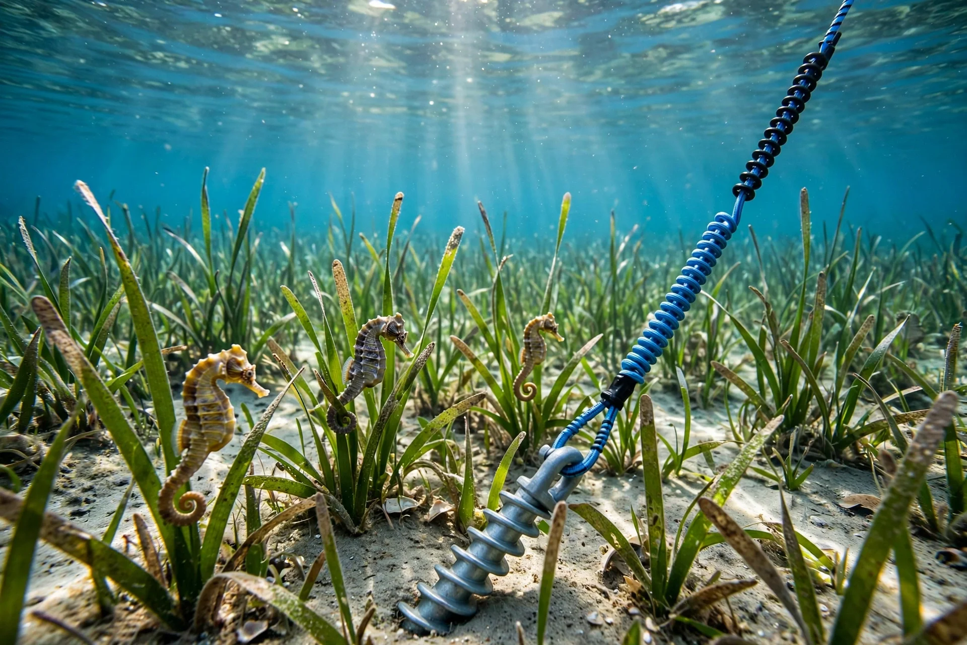 Pradera marina bajo el agua con caballitos de mar entre pastos verdes y un amarre ecológico de tornillo helicoidal con boya