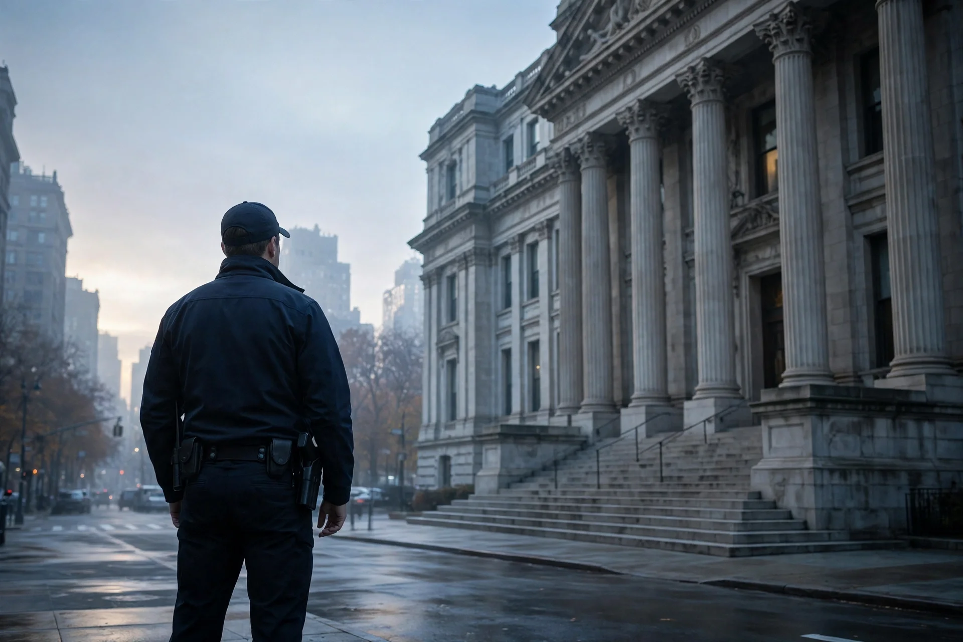 Agente federal de espaldas frente a un edificio de tribunales de columnas en Nueva York al amanecer