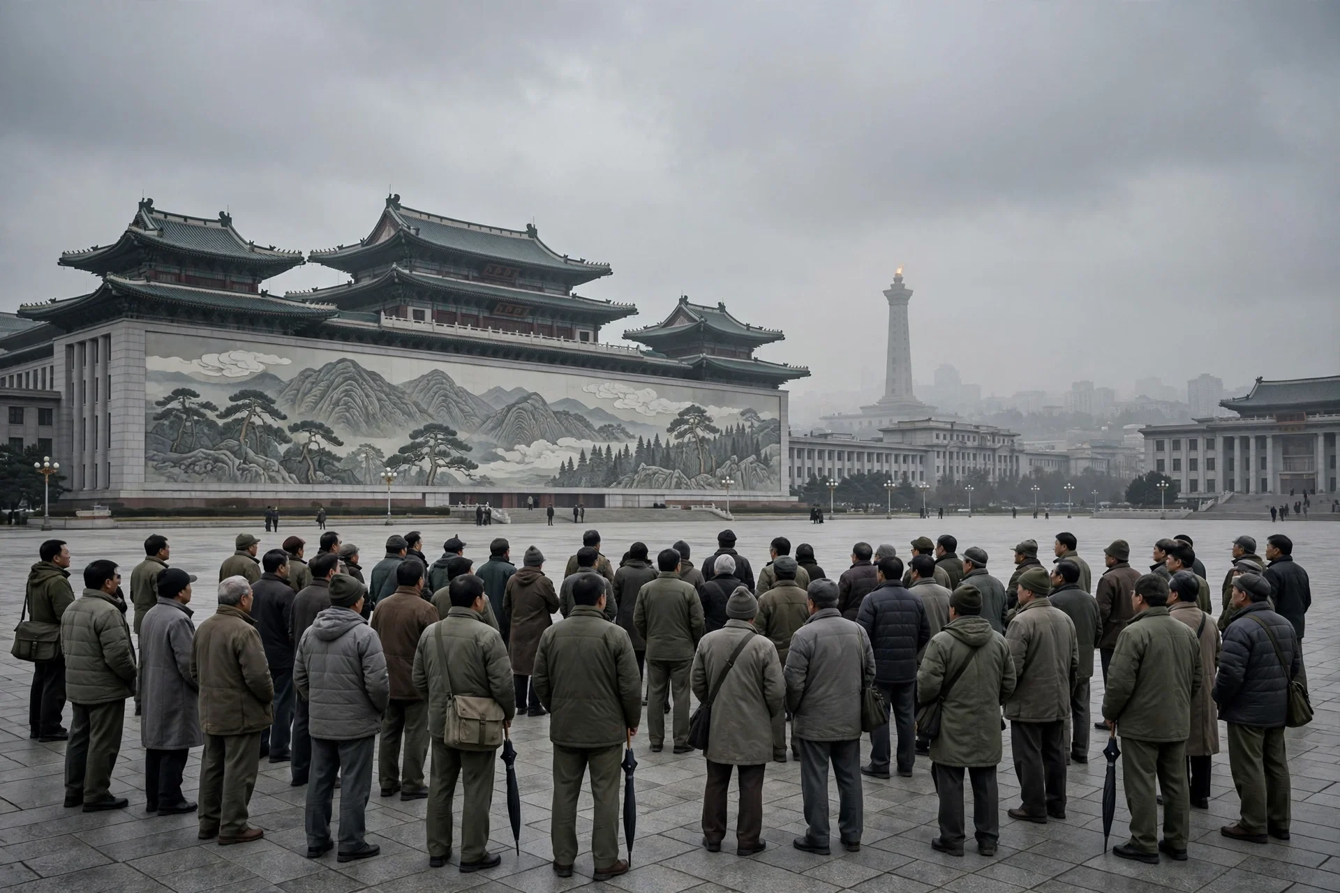 Multitud en una amplia plaza de Pyongyang frente a un gran mural bajo un cielo gris