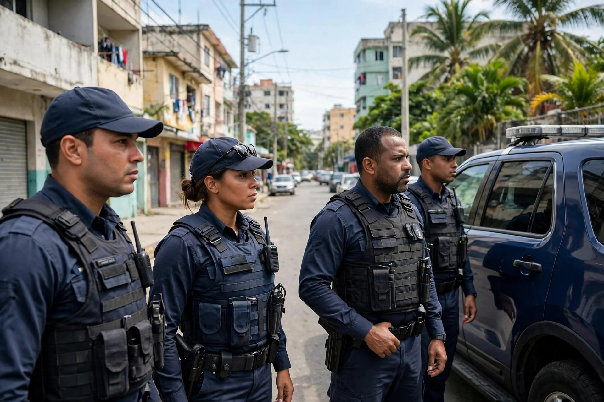 Agentes policiales junto a un vehículo oficial en una calle urbana de Santo Domingo durante un operativo