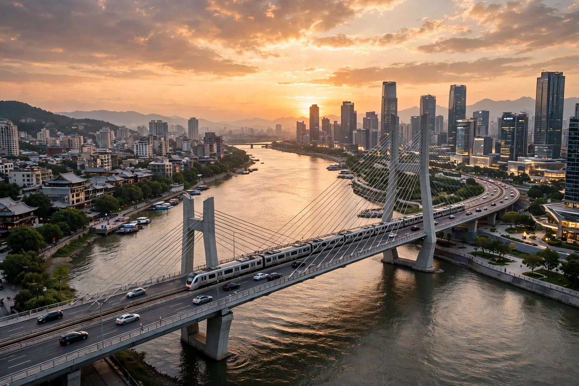 Puente moderno sobre un río al atardecer entre dos ciudades asiáticas, con un tren y automóviles cruzando