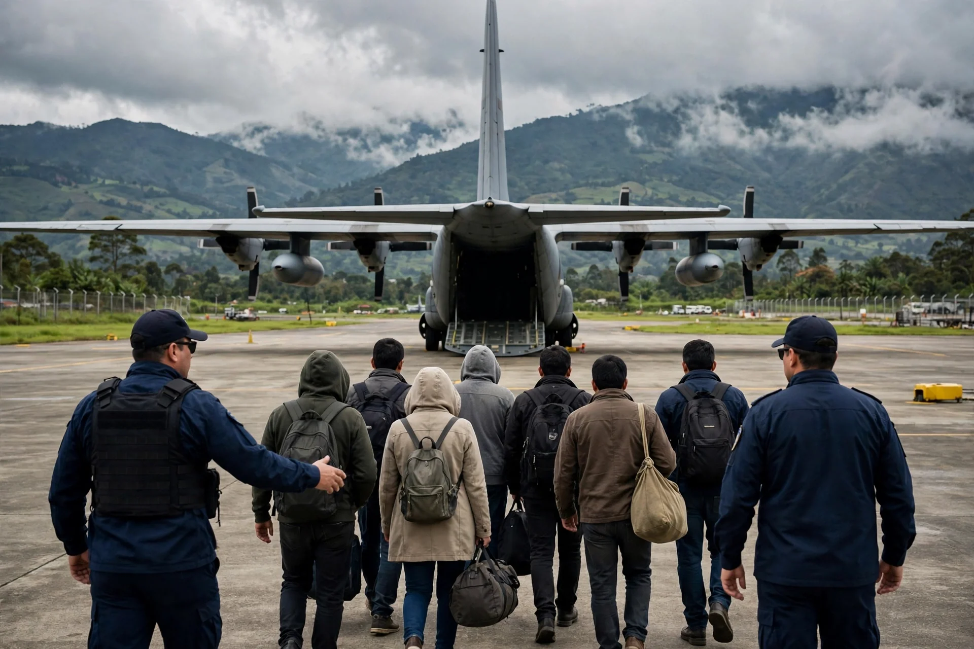 Funcionarios escoltan a un grupo de personas hacia un avión de transporte militar en un aeródromo andino