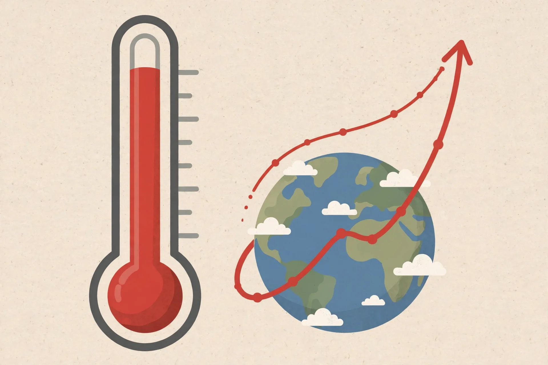 Termómetro gigante en rojo junto a un planeta con una flecha de temperatura en ascenso, ilustración editorial sin texto