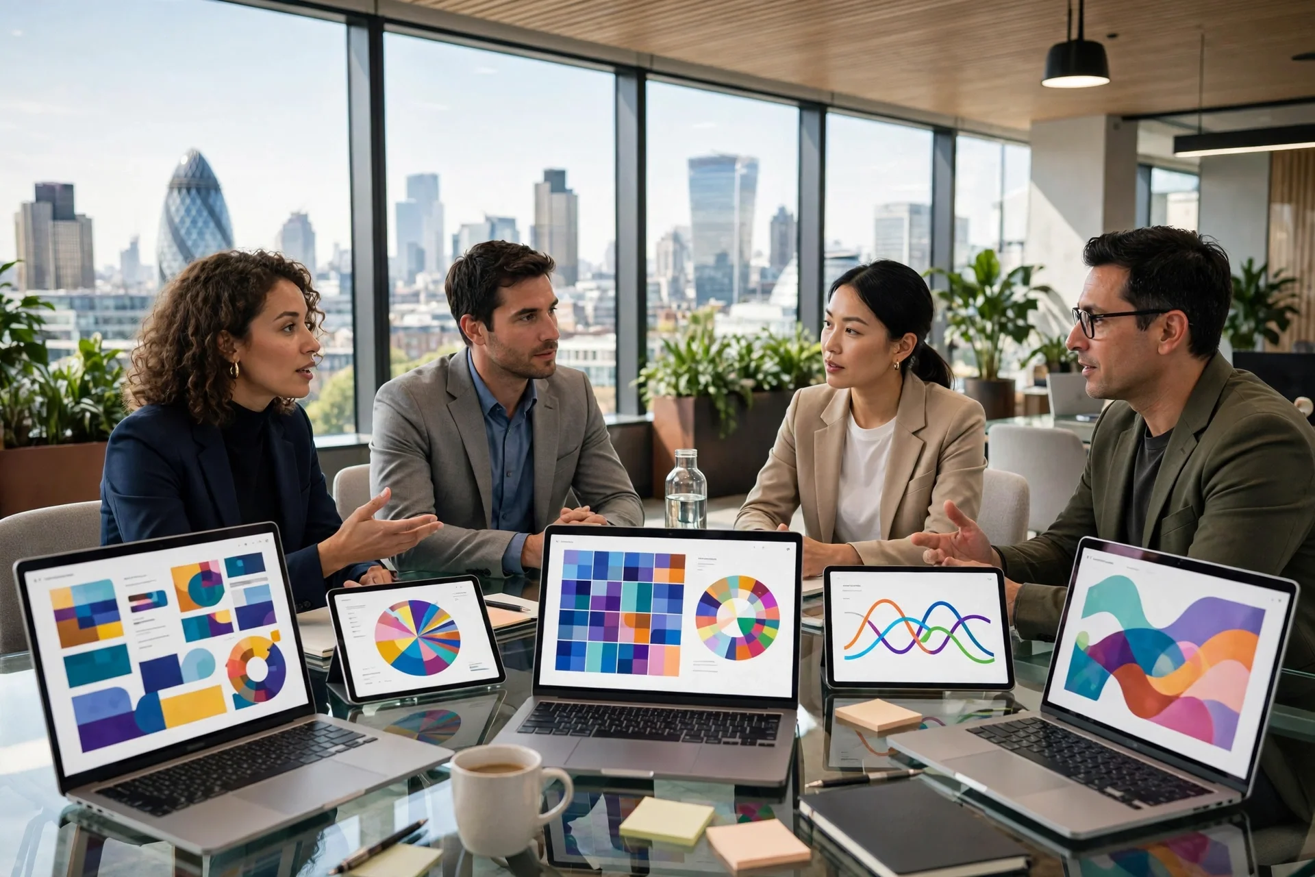 Cuatro profesionales reunidos en una oficina luminosa de Londres, con el horizonte de la City al fondo, comparando portátiles y tabletas con paneles de software de colores distintos sobre una mesa de cristal.