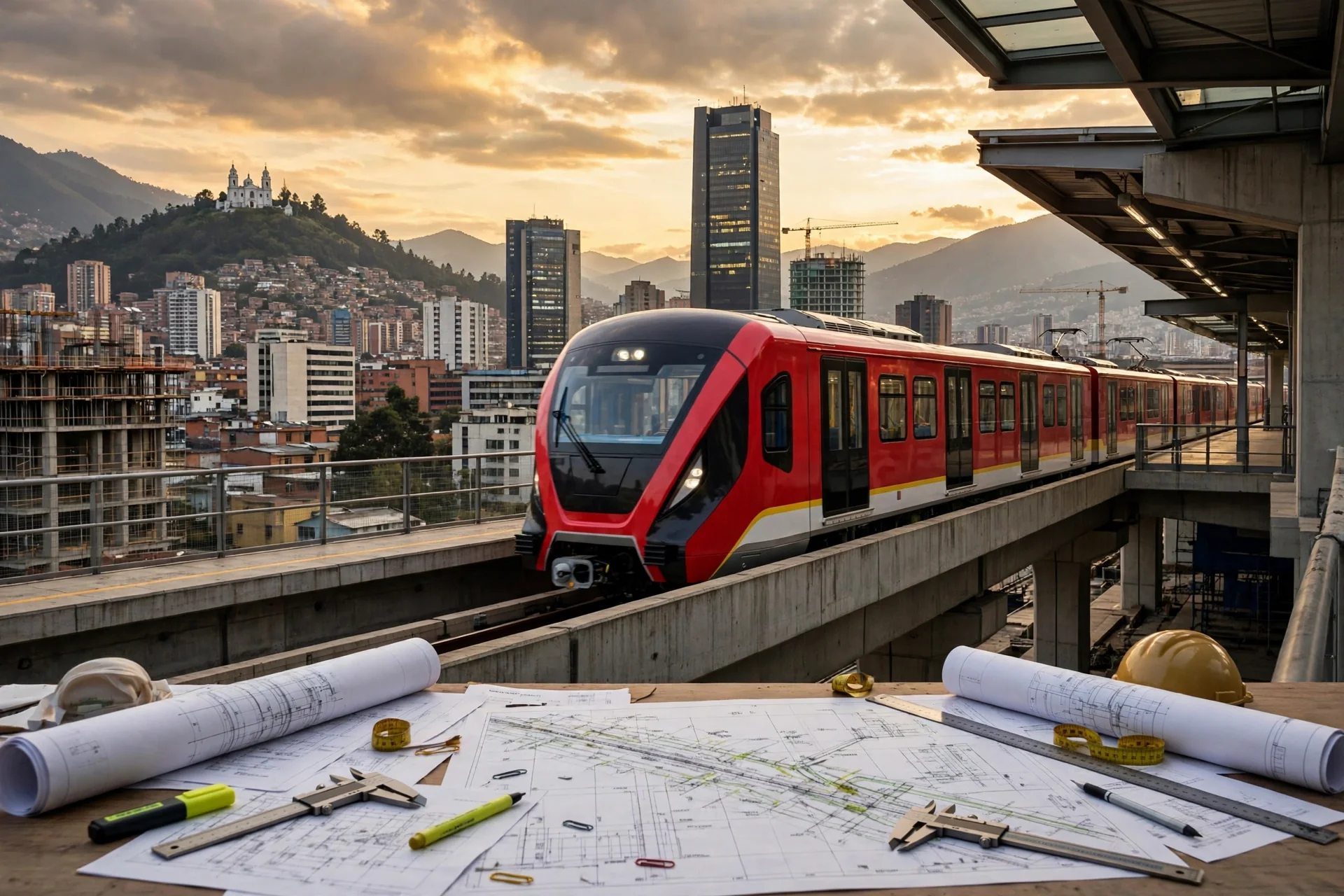 Tren de metro moderno sobre un viaducto en Bogotá al atardecer, con planos de ingeniería en primer plano