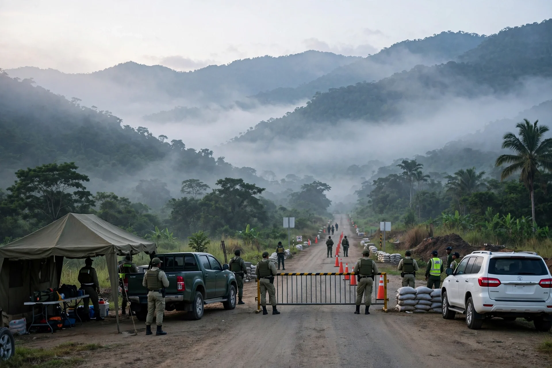 A border checkpoint with official vehicles on a rural road at dawn