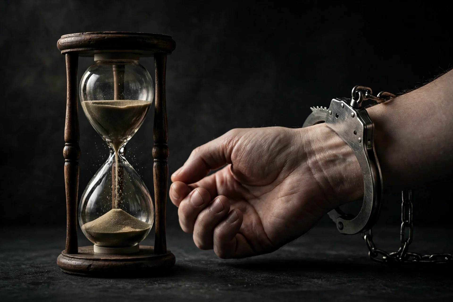 Reloj de arena de madera con la arena cayendo junto a una muñeca con esposas metálicas sobre fondo oscuro