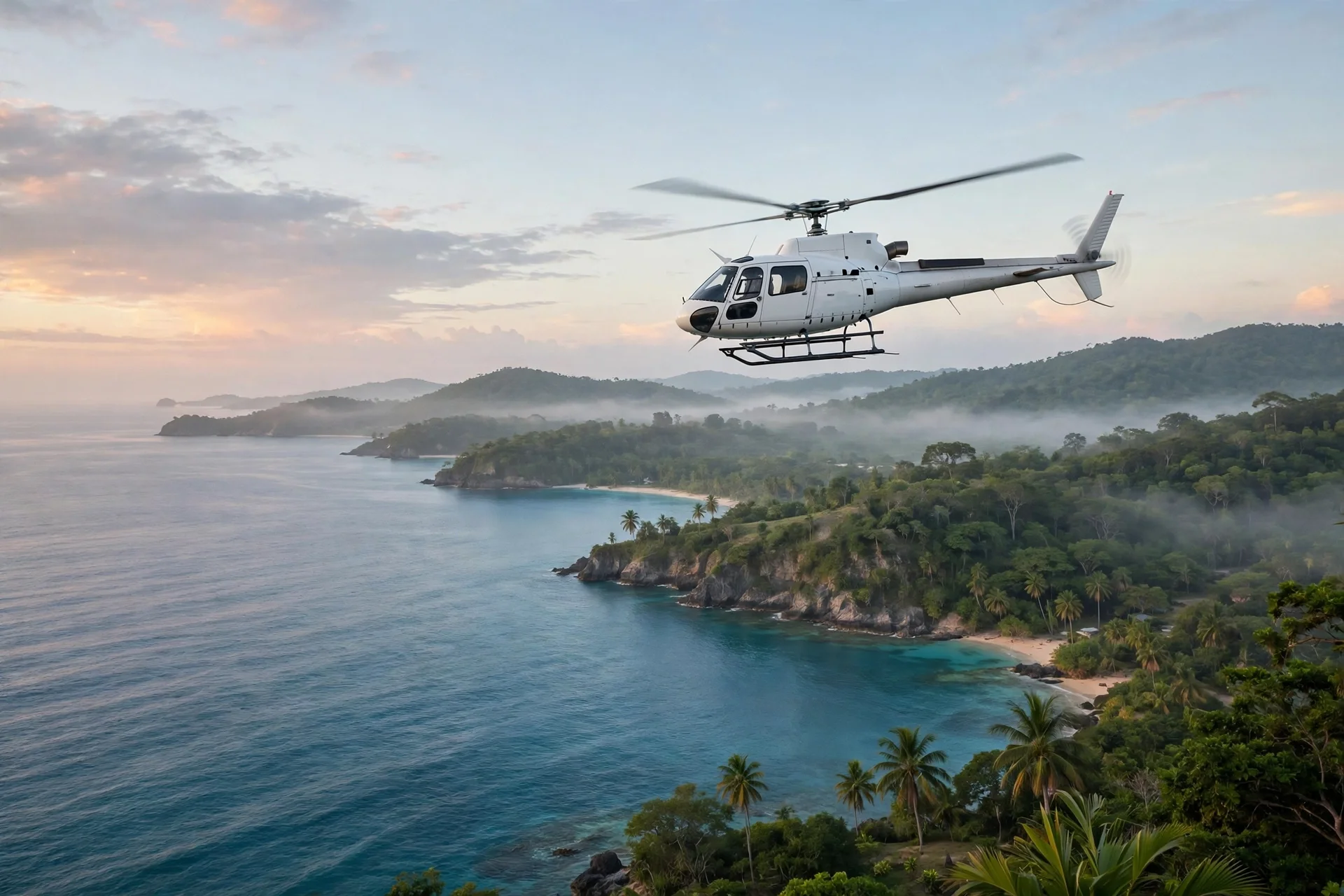 Helicóptero blanco de evacuación médica sobrevolando una costa caribeña verde al amanecer