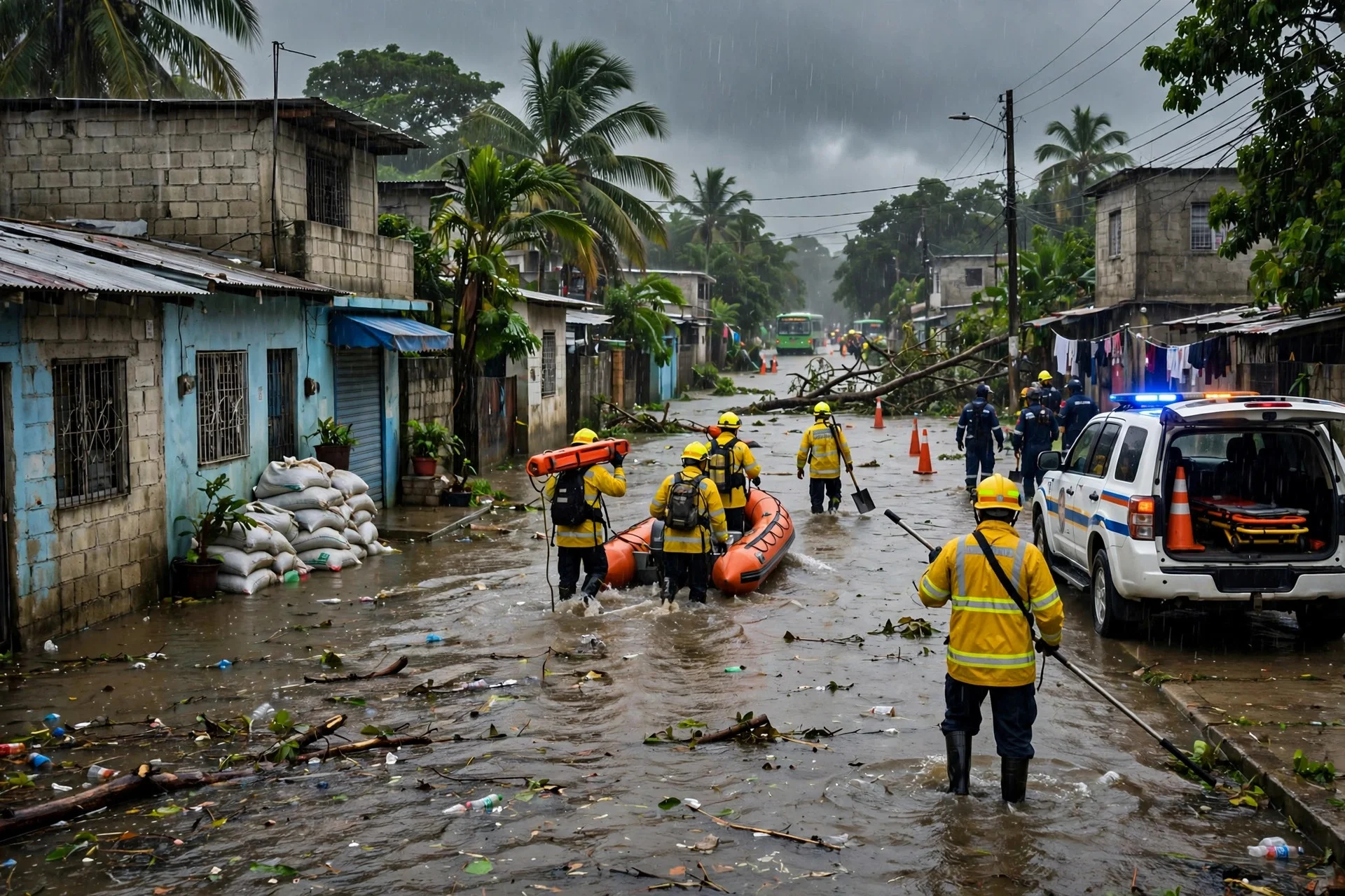 Calle residencial anegada bajo la lluvia, con rescatistas de chaquetas amarillas avanzando con un bote inflable naranja junto a un vehículo de emergencia