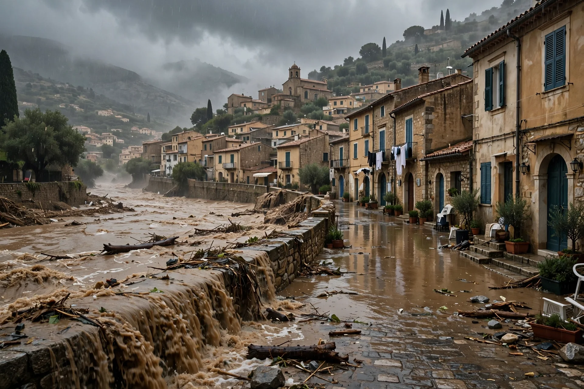 Río desbordado con aguas turbulentas junto a las casas de un pueblo mediterráneo bajo lluvia intensa