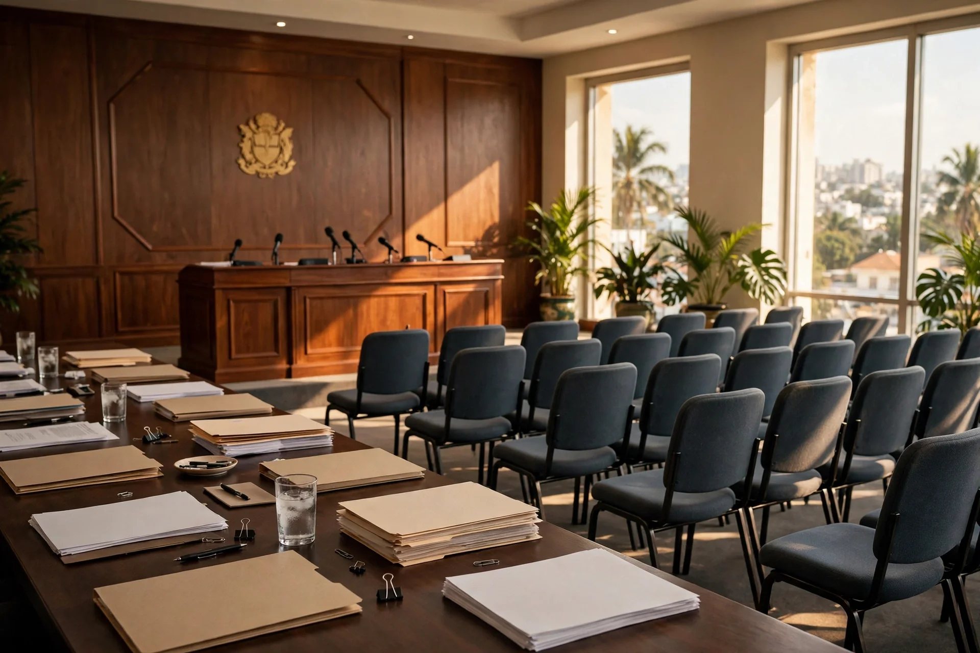 Sala de rueda de prensa gubernamental vacía con mesa, micrófonos y carpetas con documentos