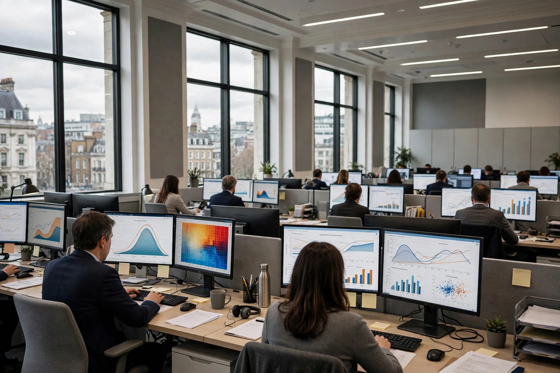 Oficina gubernamental en Londres con profesionales de espaldas trabajando ante pantallas con gráficos de distribución de riesgo y barras
