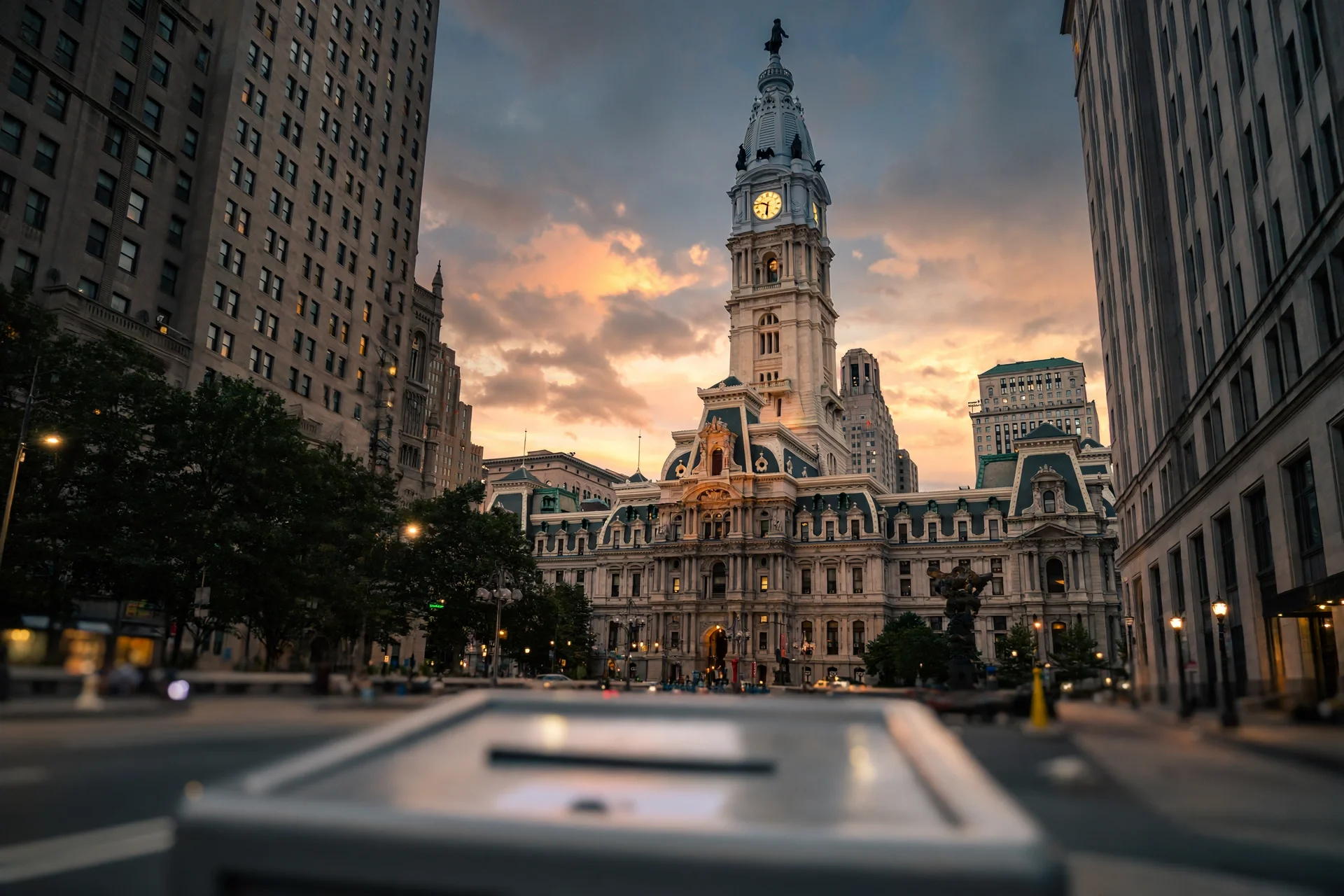 Ayuntamiento de Filadelfia al atardecer con una urna electoral en primer plano