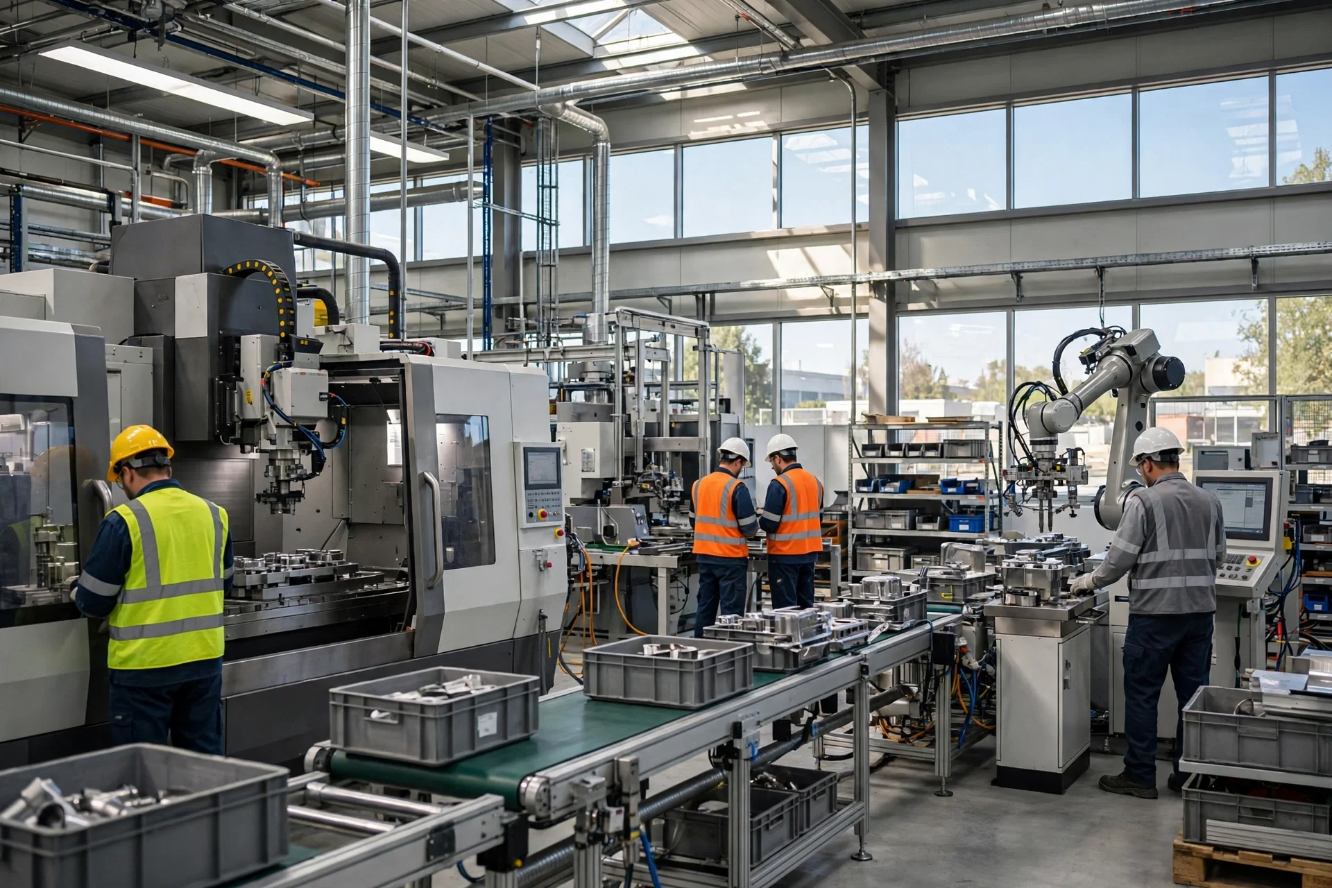 Fábrica moderna con trabajadores y maquinaria nueva en una planta industrial luminosa