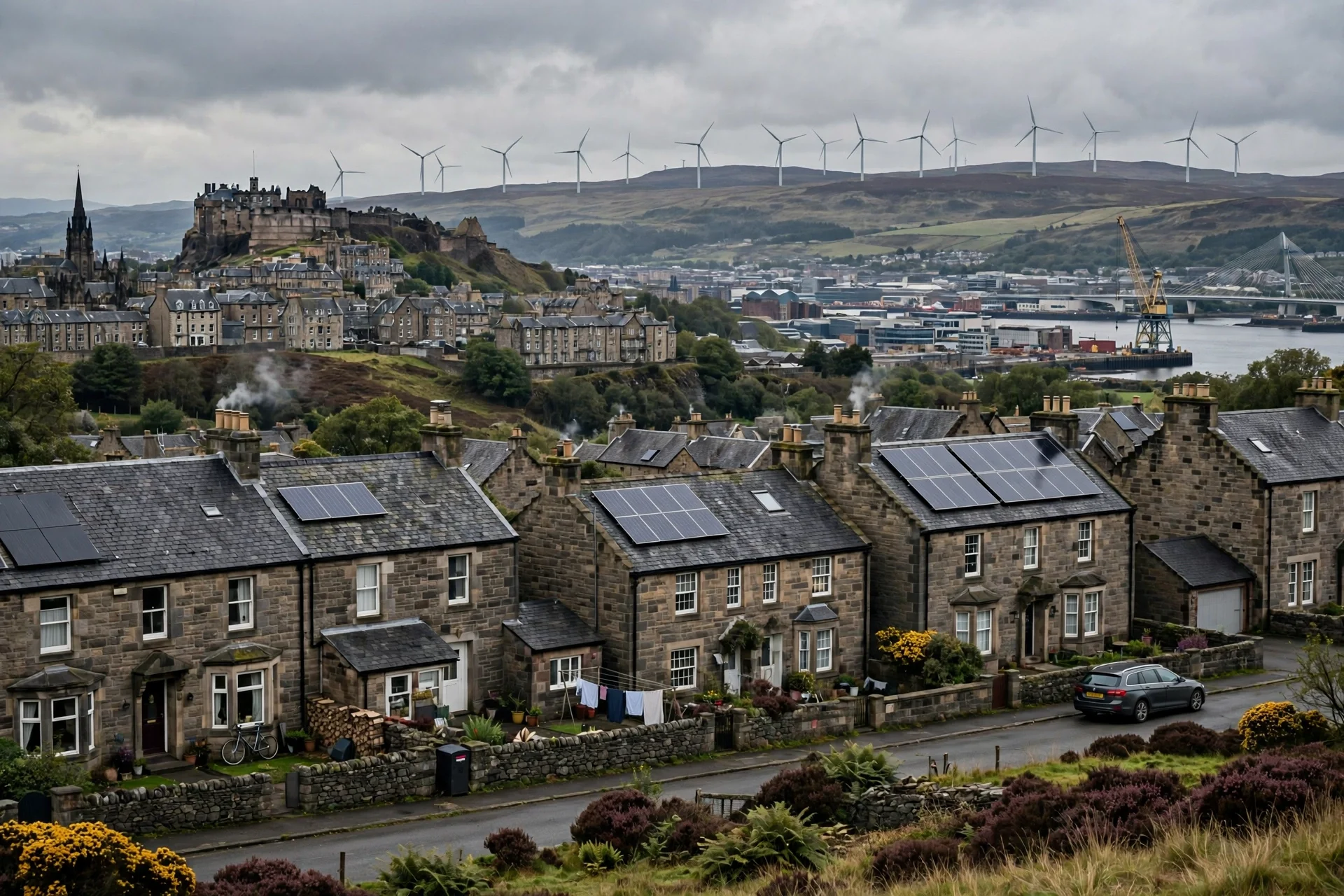 Casas de piedra escocesas con paneles solares, castillo de Edimburgo al fondo y turbinas eólicas en las colinas