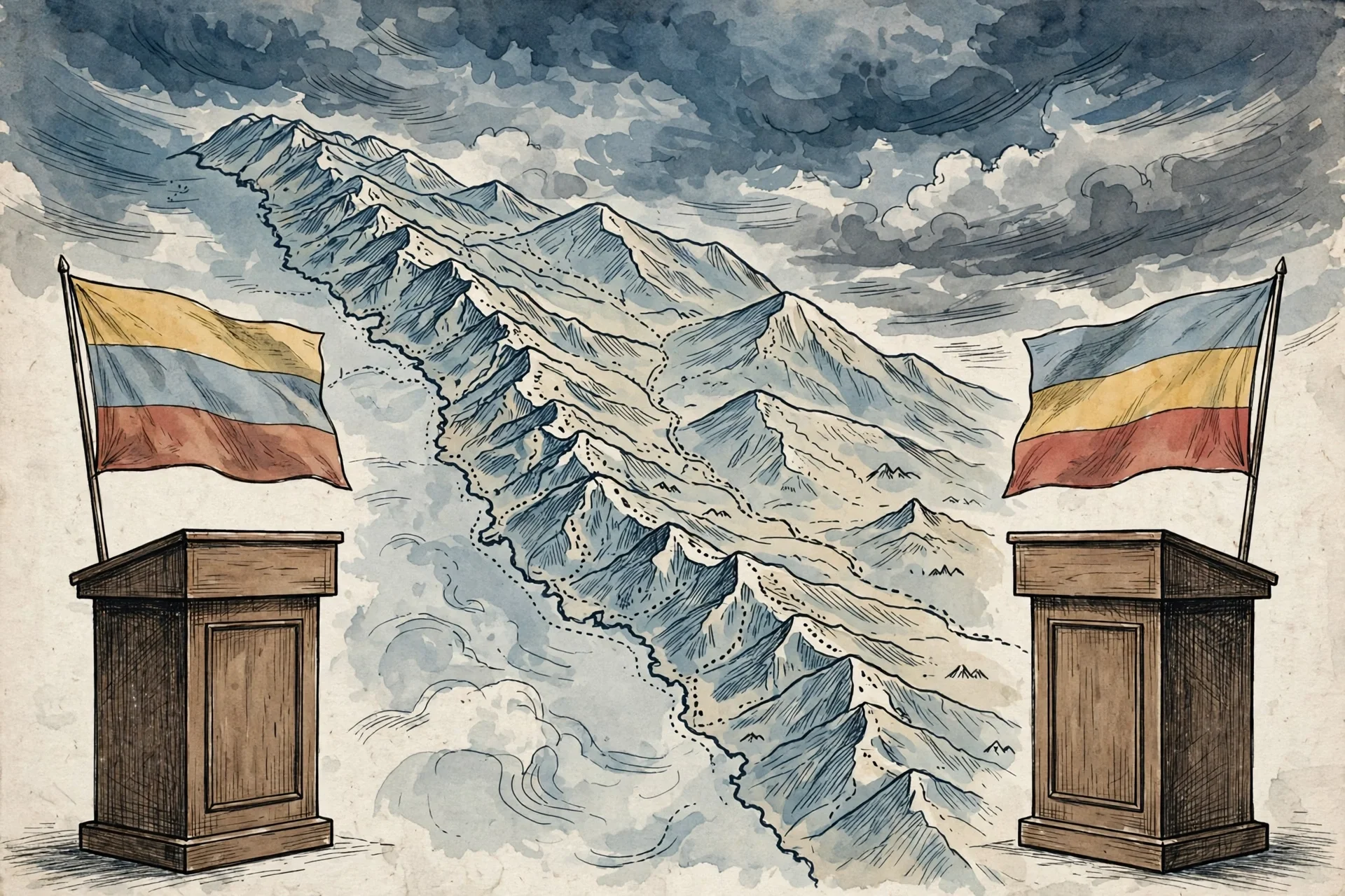 Ilustración de dos podios con banderas genéricas frente a una cordillera andina bajo un cielo tormentoso