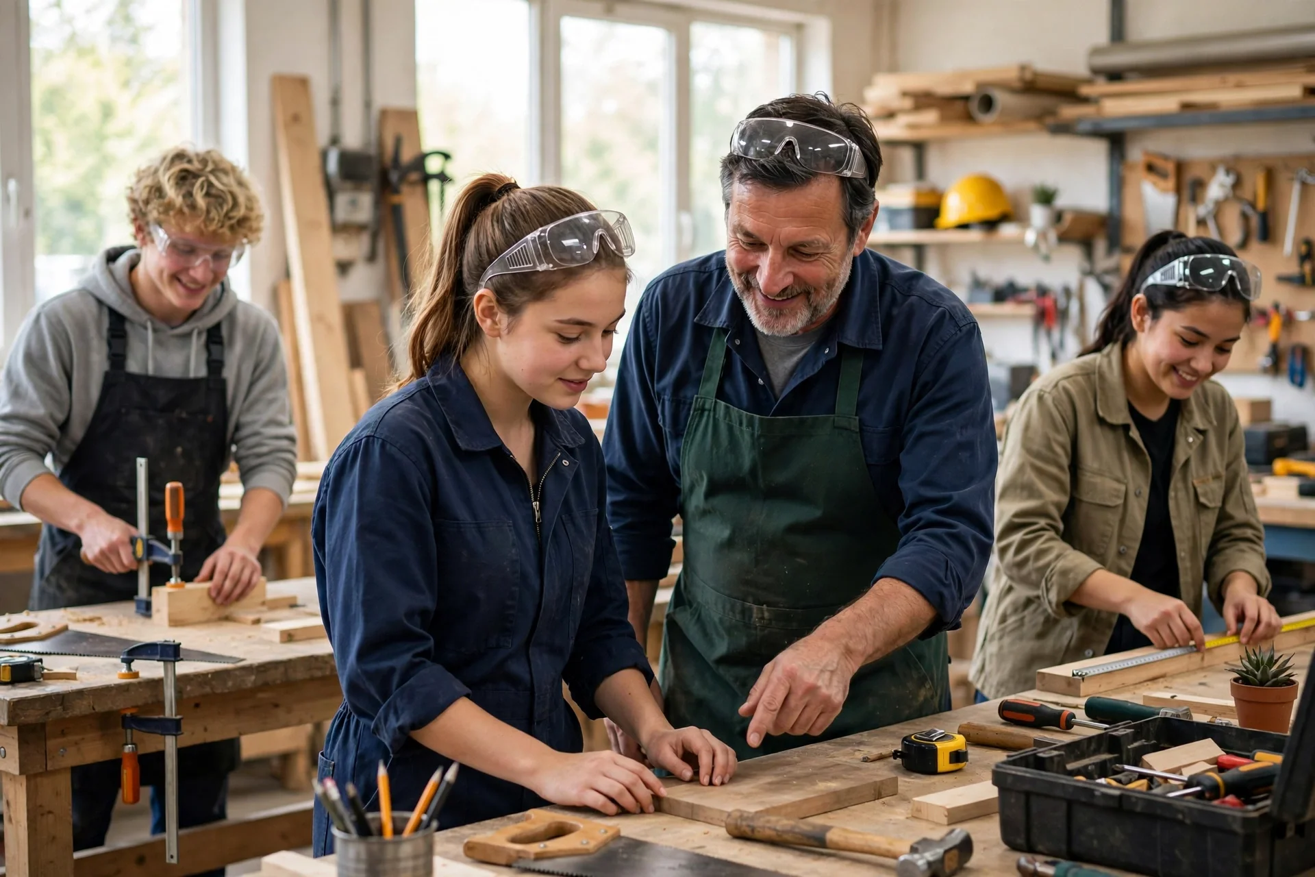 Jóvenes en un taller de formación profesional guiados por un mentor con delantal