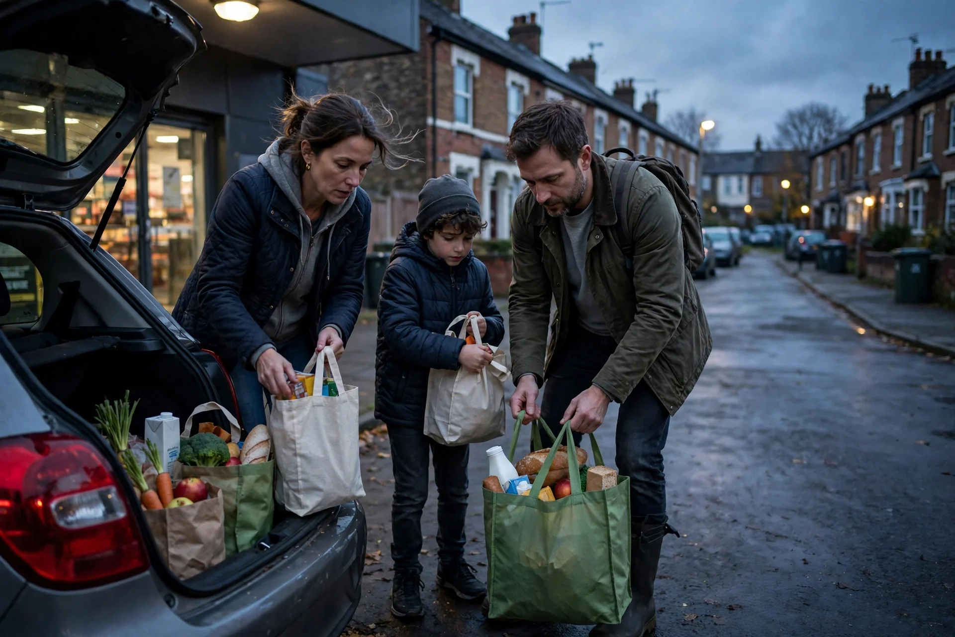 Familia británica guardando bolsas de la compra en su coche junto a una calle de casas adosadas