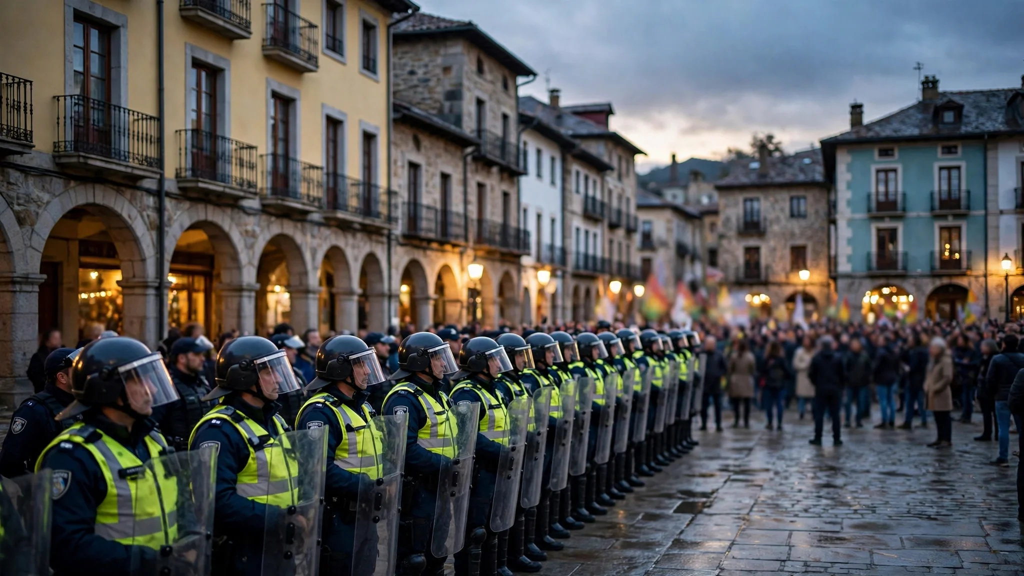 Cordón policial separando a dos grupos de manifestantes en una plaza española