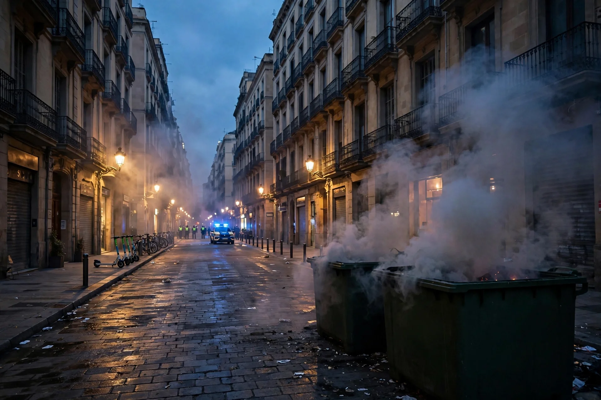 Calle comercial del centro de Barcelona al anochecer con contenedores humeantes en primer plano y presencia policial a lo lejos