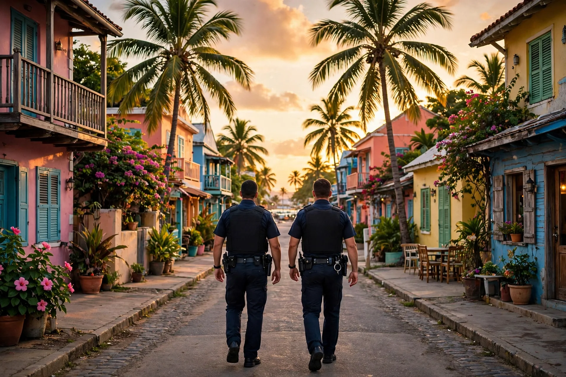 Dos agentes de policía de espaldas patrullan una calle caribeña de casas de colores al atardecer