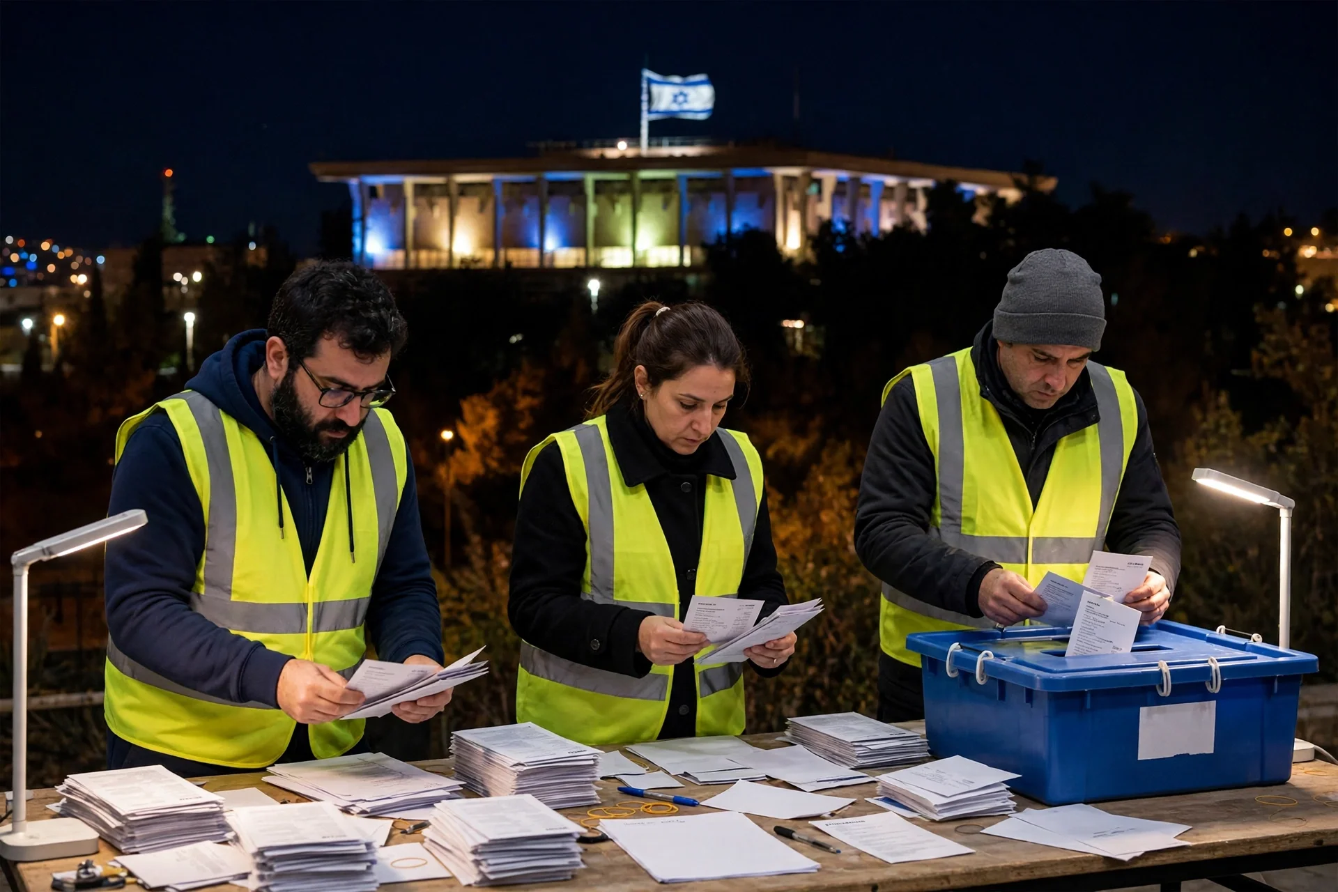 Funcionarios electorales contando papeletas de noche con el edificio de la Knéset y la bandera de Israel al fondo