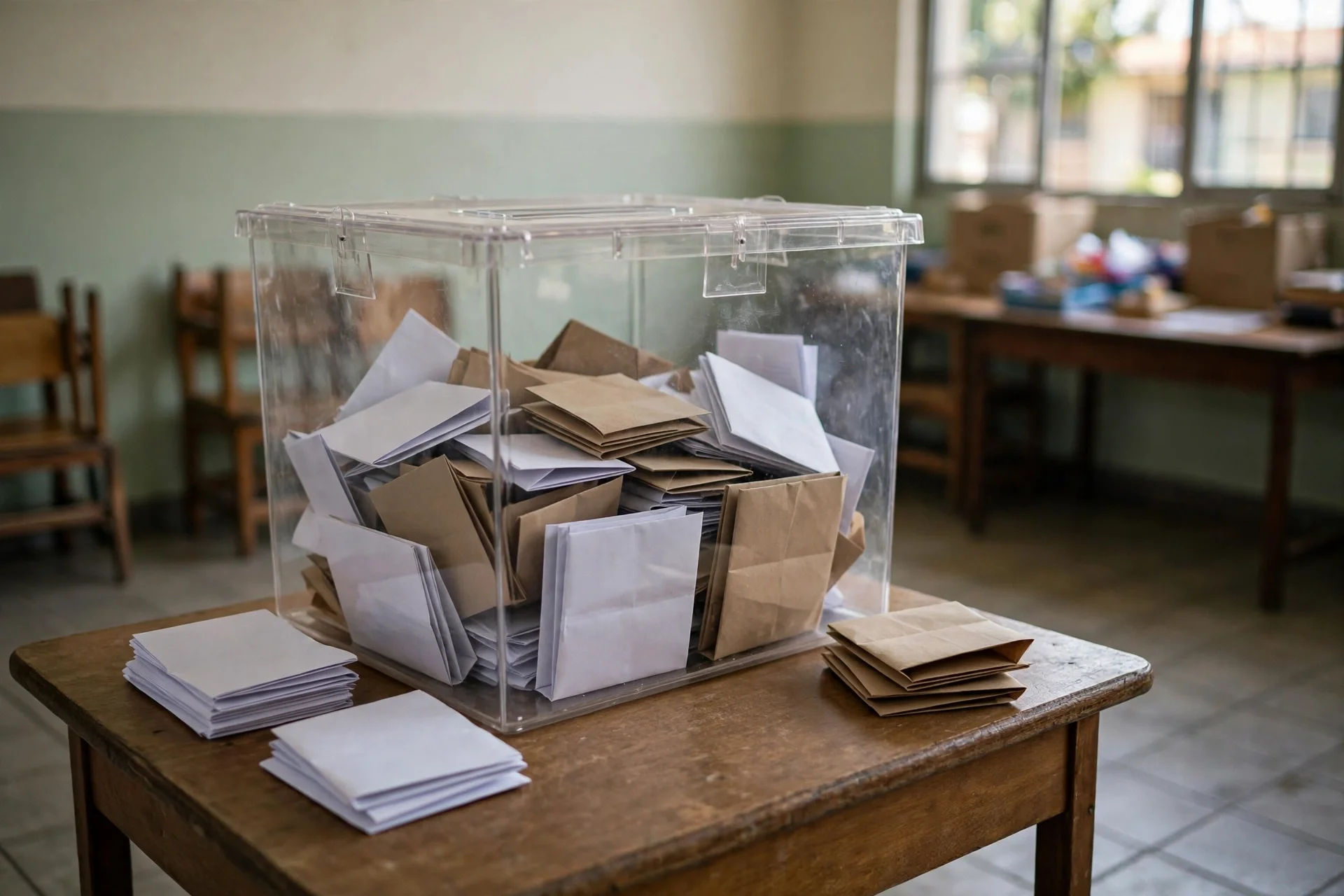 Urna transparente con sobres blancos y sepia sobre una mesa en un colegio electoral