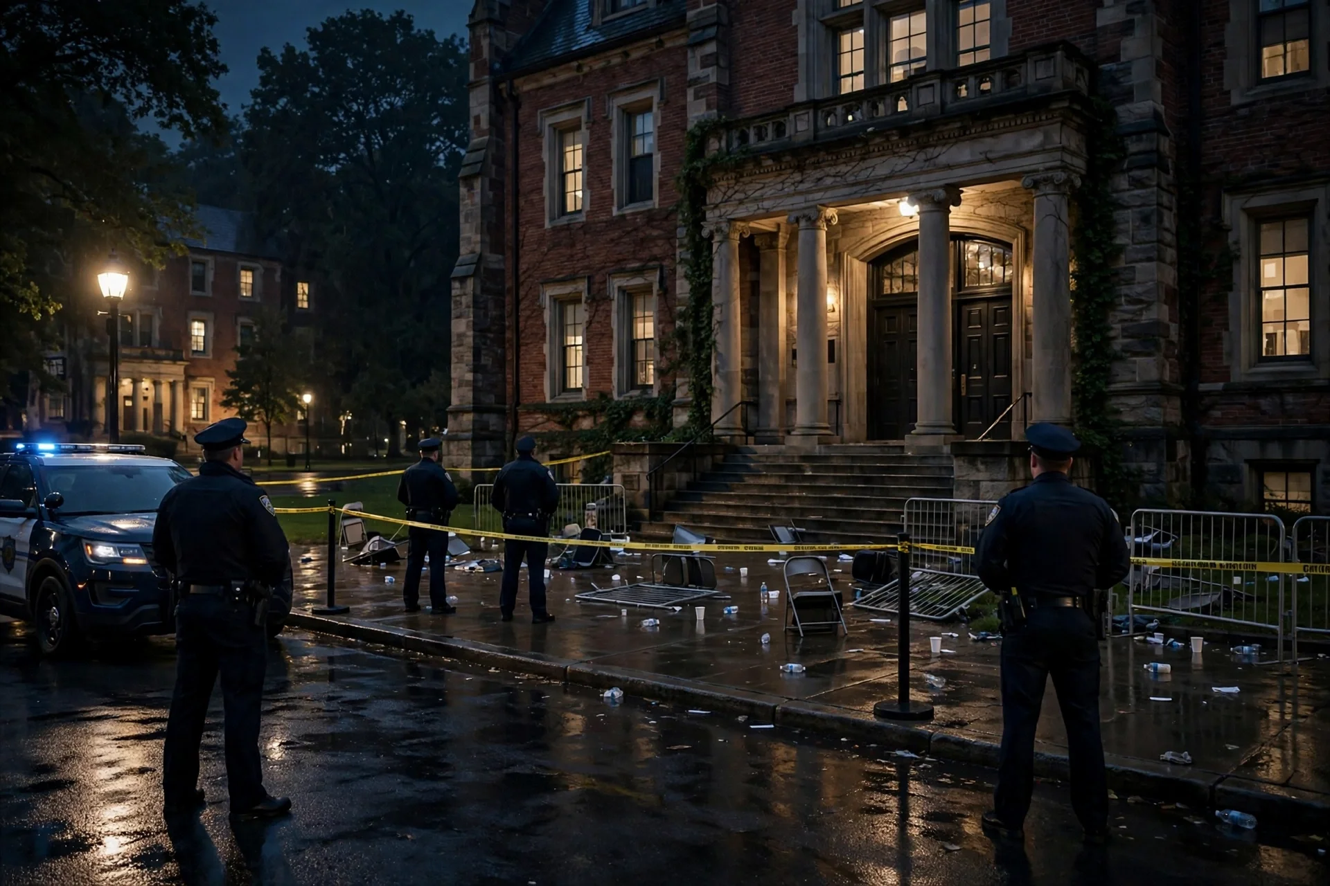 Exterior nocturno de un recinto universitario con agentes de policía y un cordón de seguridad tras un mitin político